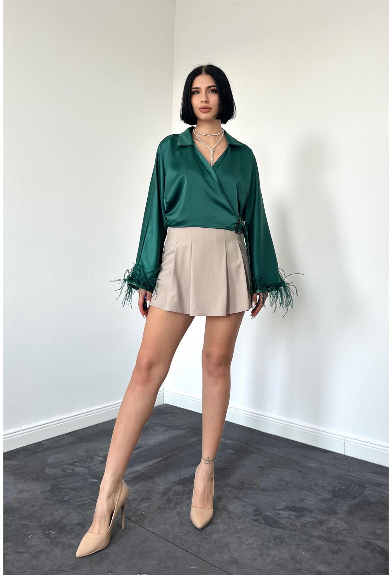 Satin Crop With Feather Sleeves - Emerald - Brand: Elisa - Women & Kids, Baby Clothes Wholesale - TheBS Women