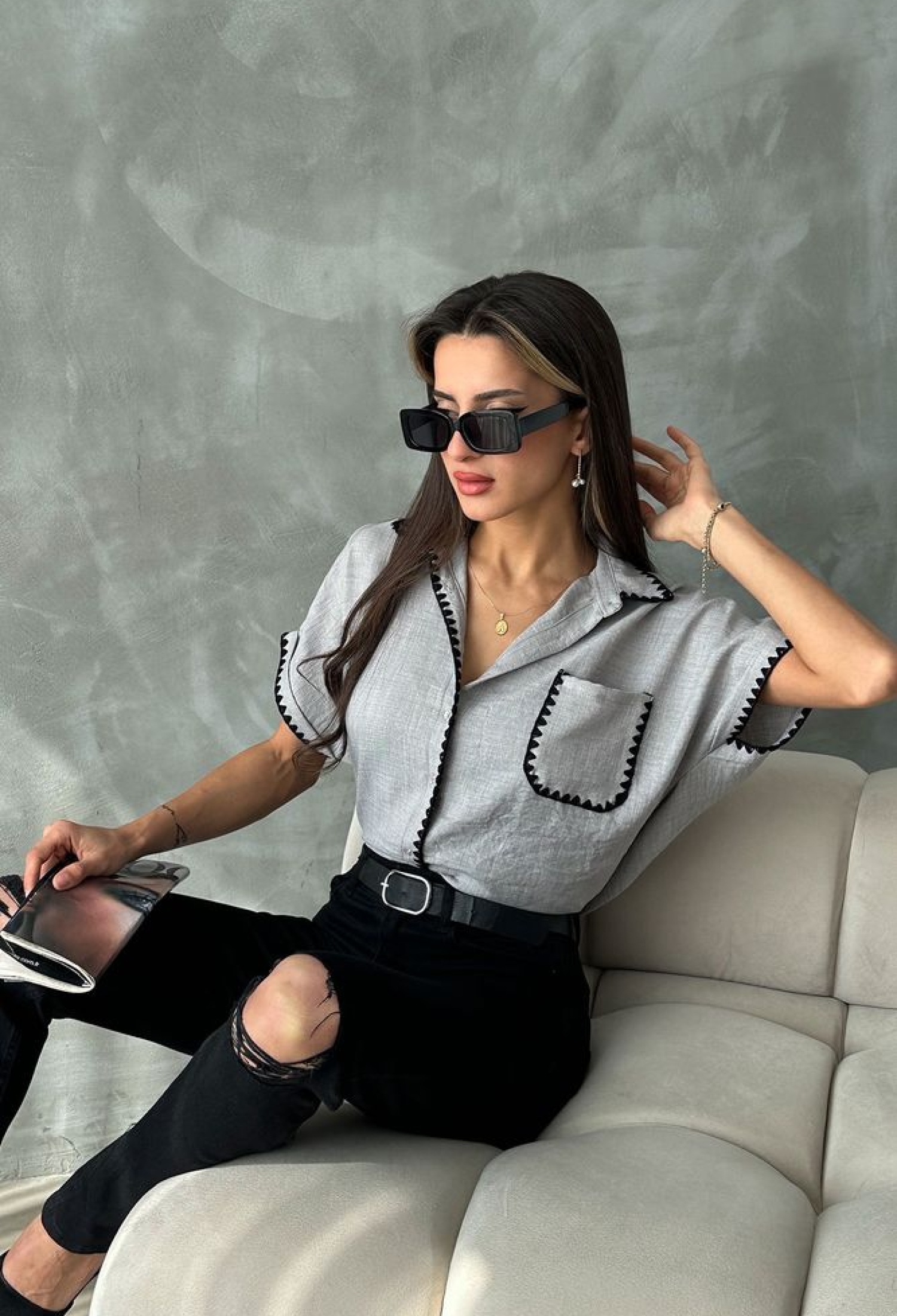 Gray Shepherd Stitched Linen Shirt - Brand: Topshow - Women & Kids, Baby Clothes Wholesale - TheBS Women