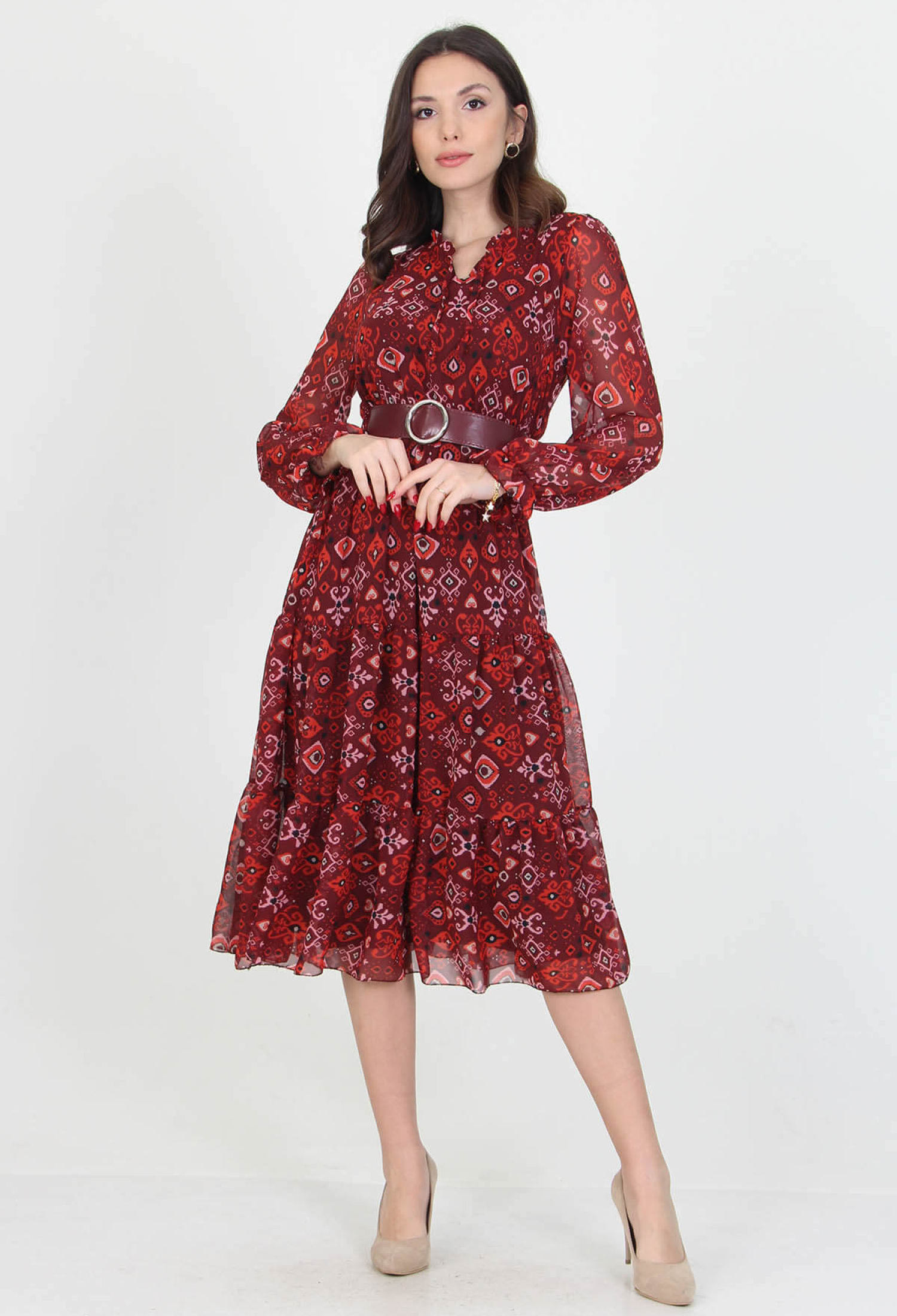 Patterned Chiffon Dress With Belt Tie Neck Detail - Brand: Mode Roy - Women & Kids, Baby Clothes Wholesale - TheBS Women