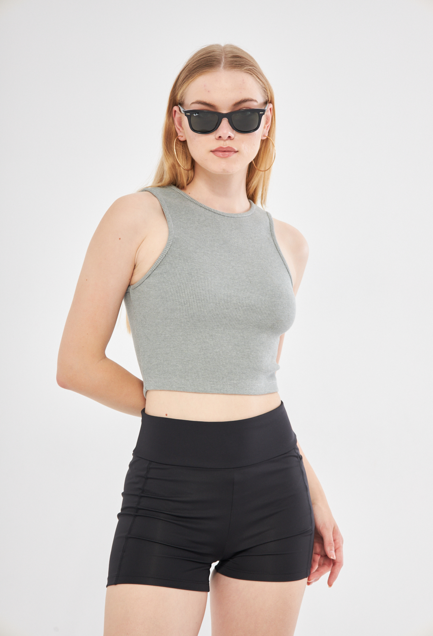 Anny Sleeveless High Neck Cotton Crop Top In Khaki Melange - Brand: Evable - Women & Kids, Baby Clothes Wholesale - TheBS Women