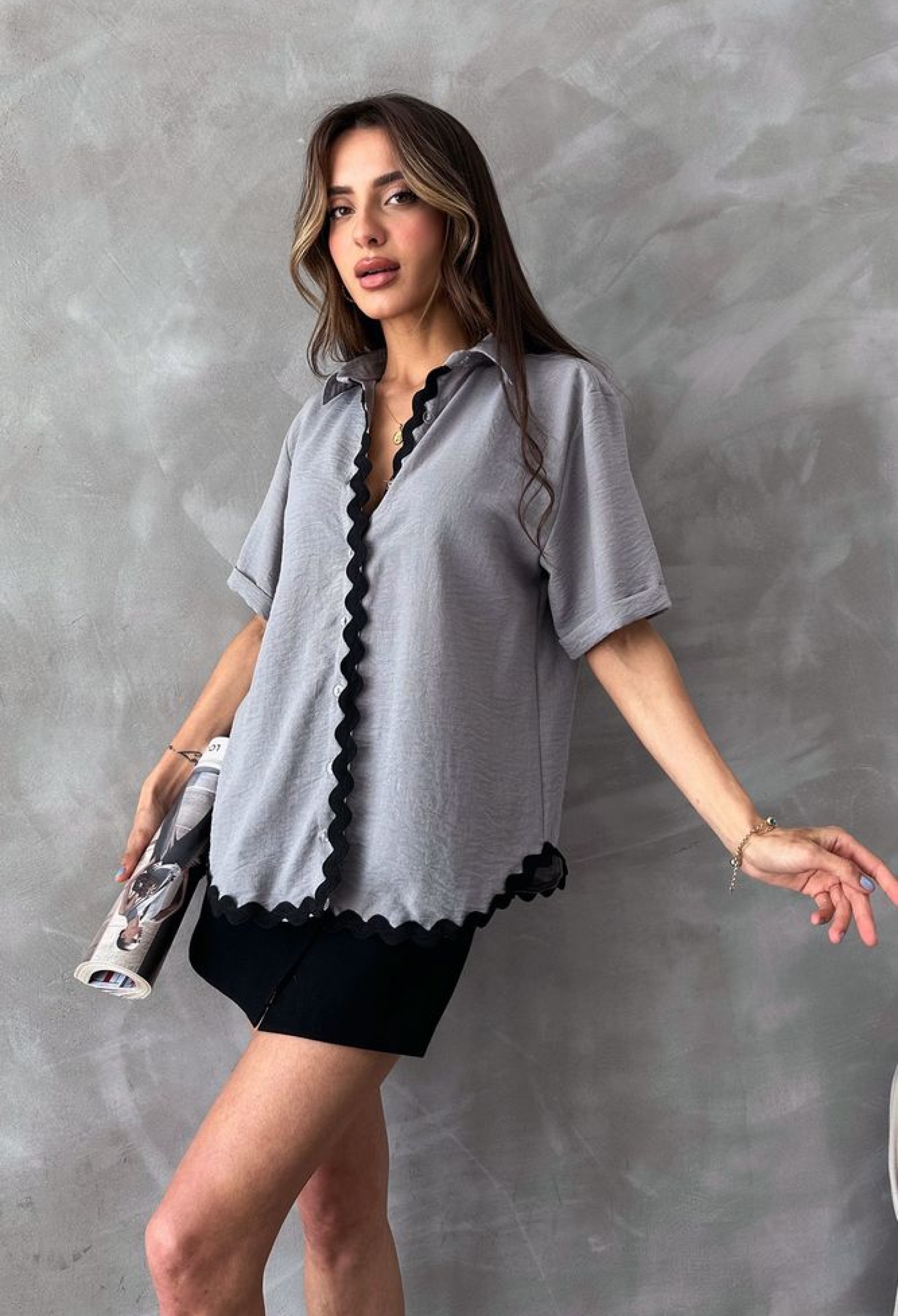Gray D 2615 Shirt With Stone Detail - Brand: Topshow - Women & Kids, Baby Clothes Wholesale - TheBS Women