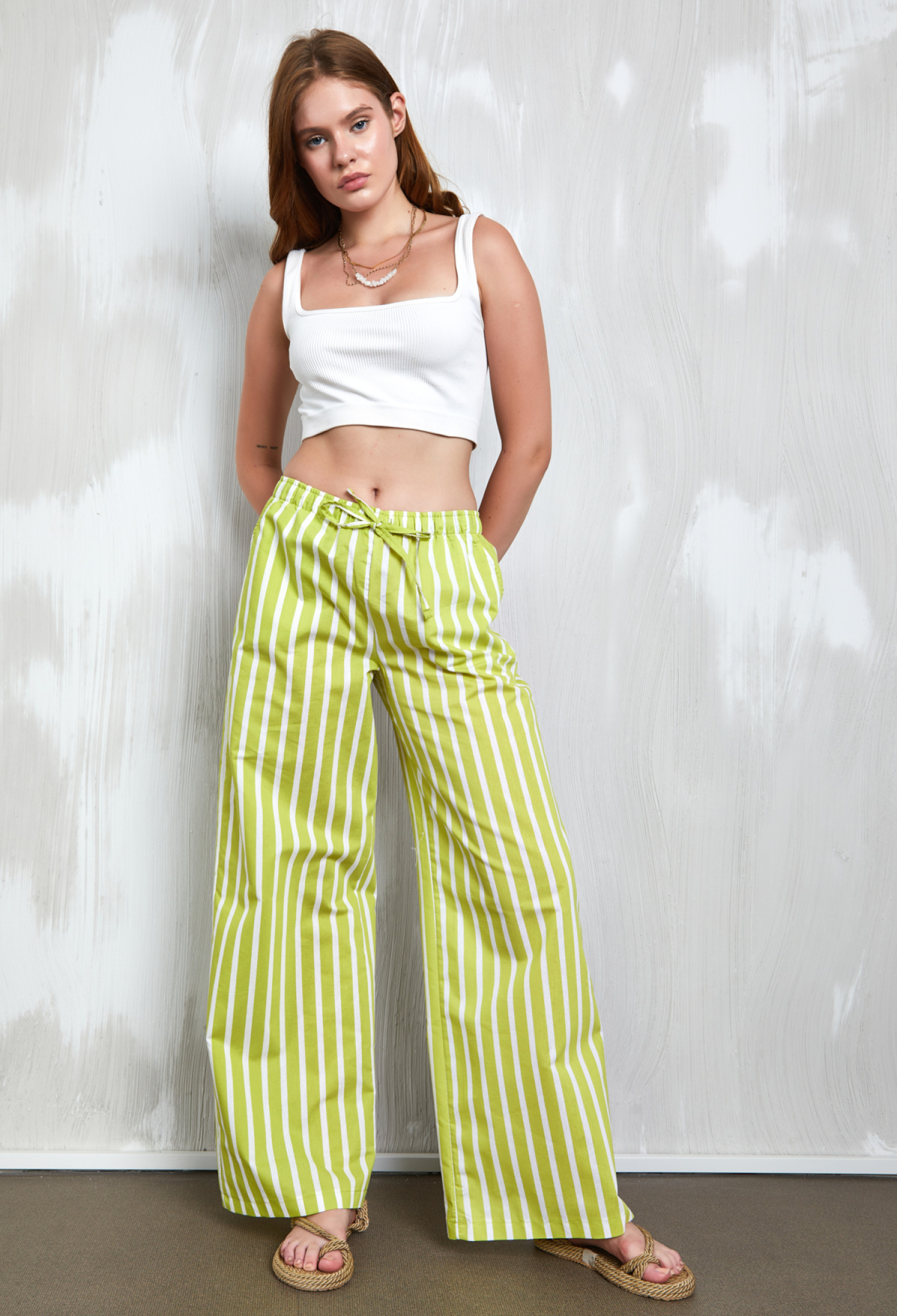 Oil Green White Striped 100% Cotton Elastic Waist Trousers 27370 - Brand: First Angels - Women & Kids, Baby Clothes Wholesale - TheBS Women
