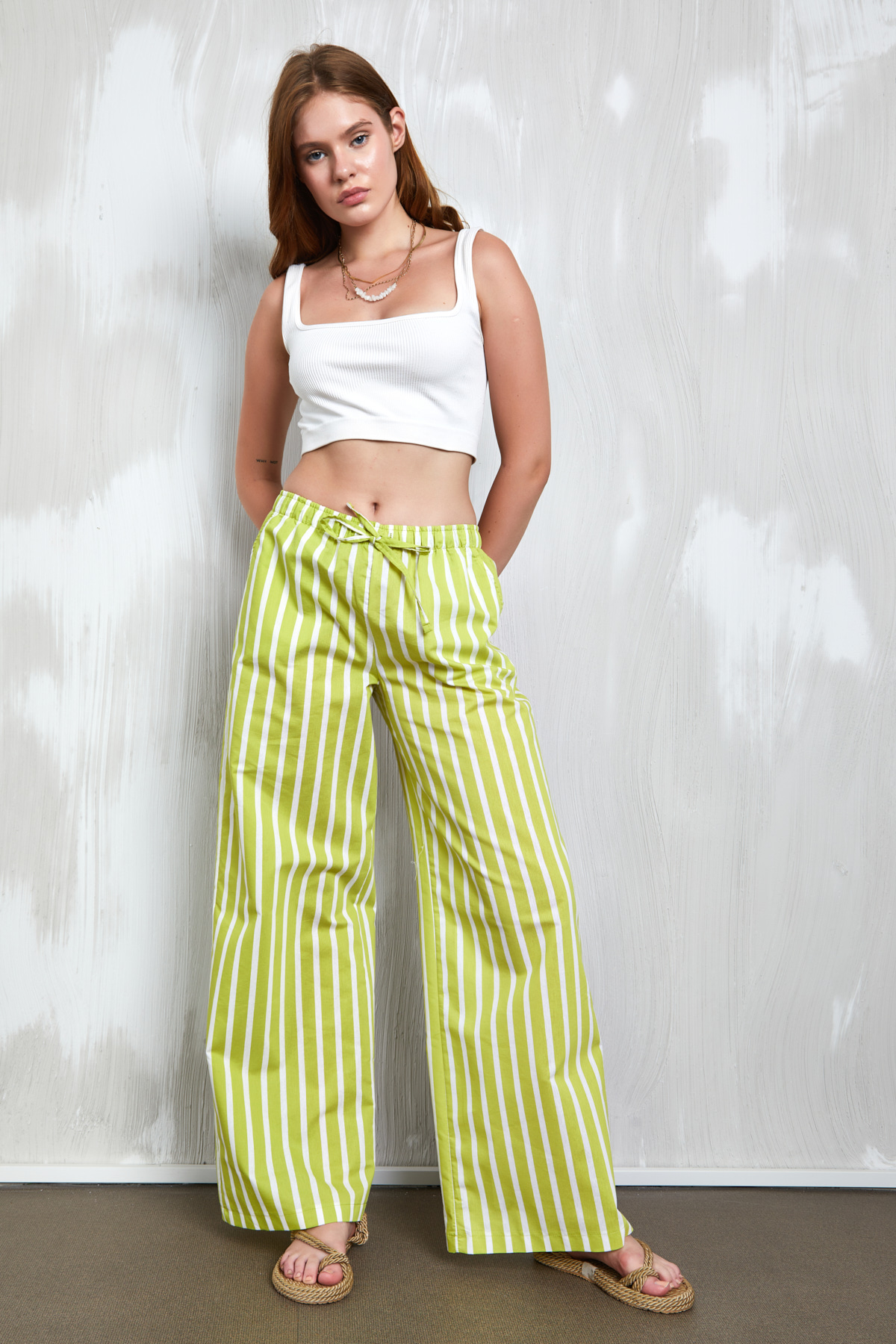 Oil Green White Striped 100% Cotton Elastic Waist Trousers 27370 - Brand: First Angels - Women & Kids, Baby Clothes Wholesale - TheBS Women