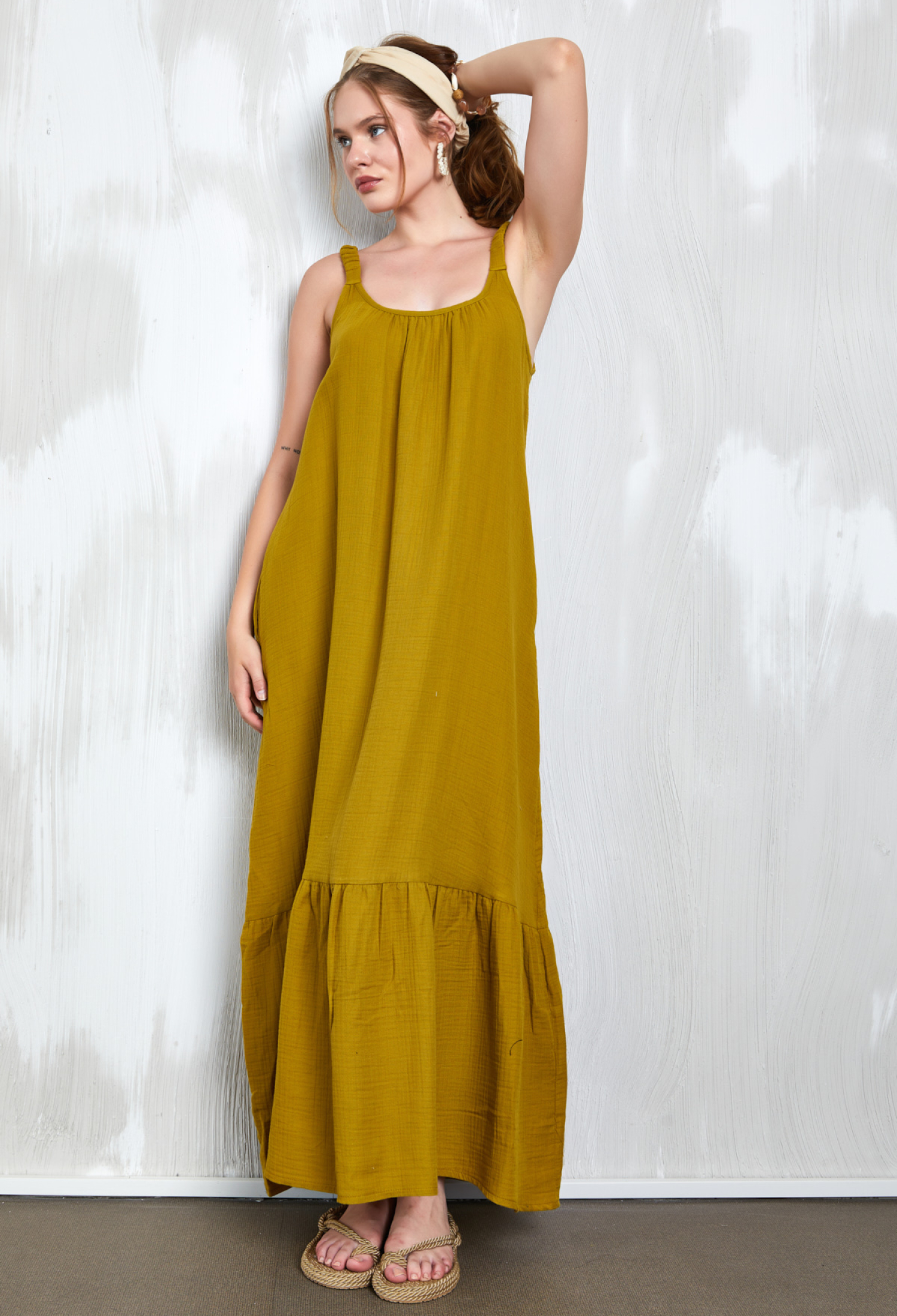 Oil Green Muslin Fabric Strappy Long Dress 27361 - Brand: First Angels - Women & Kids, Baby Clothes Wholesale - TheBS Women