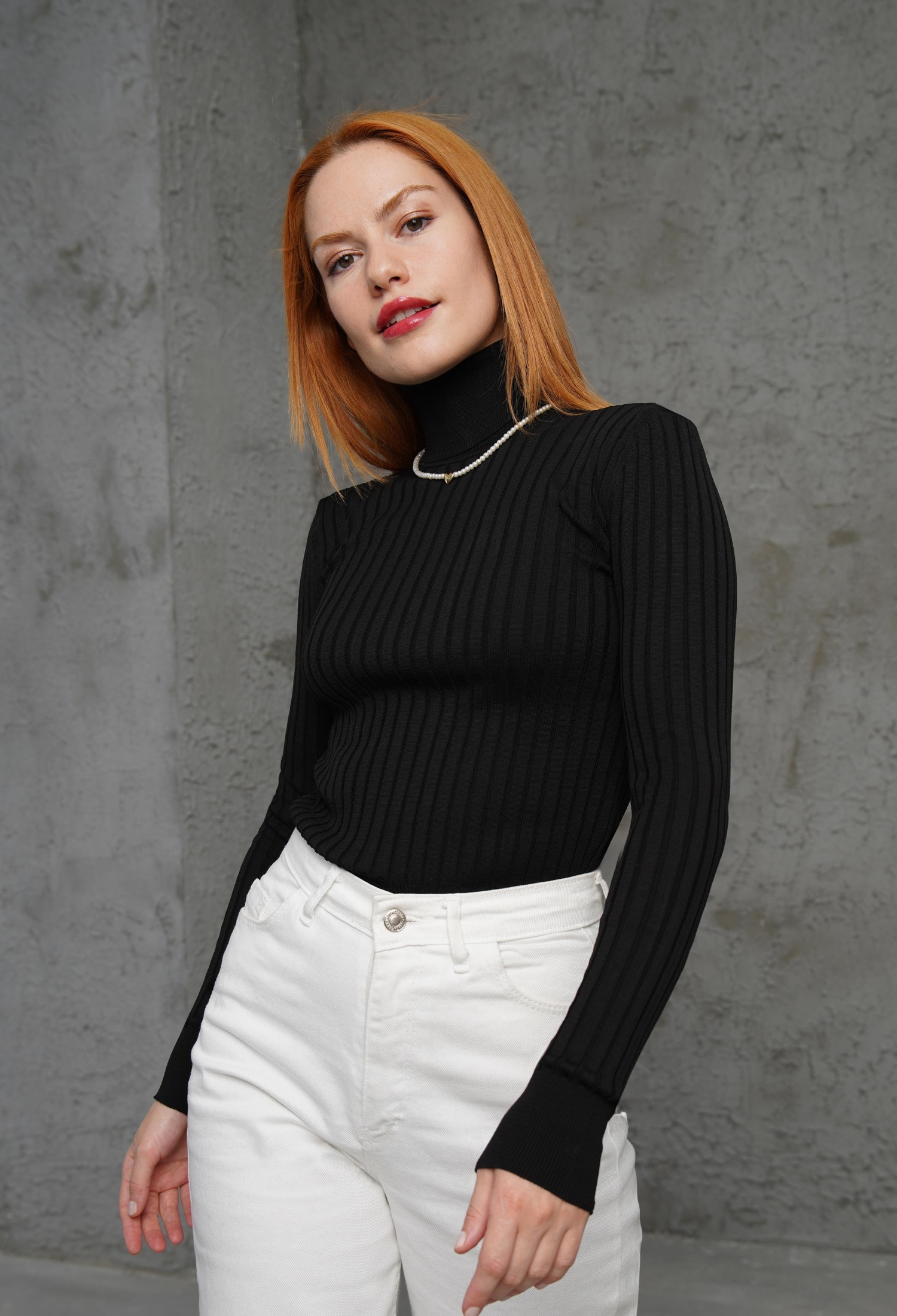 Turtleneck Ribbed Detail Wholesale KnitwearSweater - Brand: Lustrin - Women & Kids, Baby Clothes Wholesale - TheBS Women