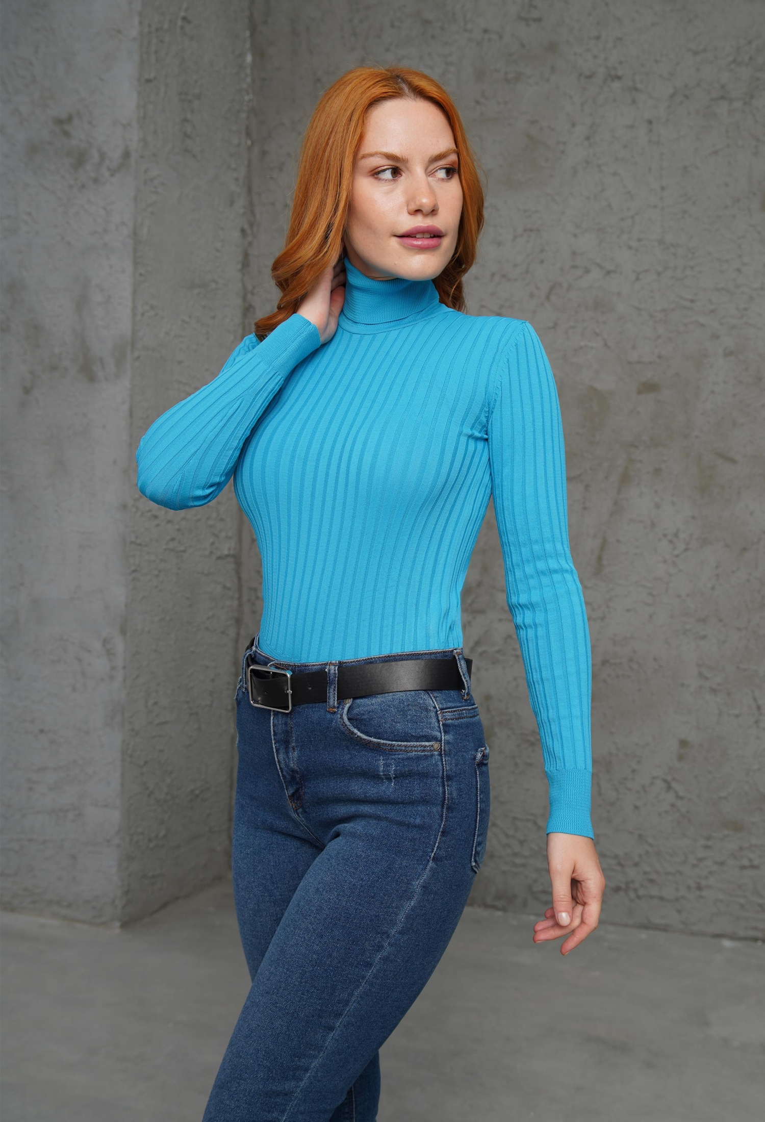 Turtleneck Ribbed Detail Wholesale KnitwearSweater - Brand: Lustrin - Women & Kids, Baby Clothes Wholesale - TheBS Women