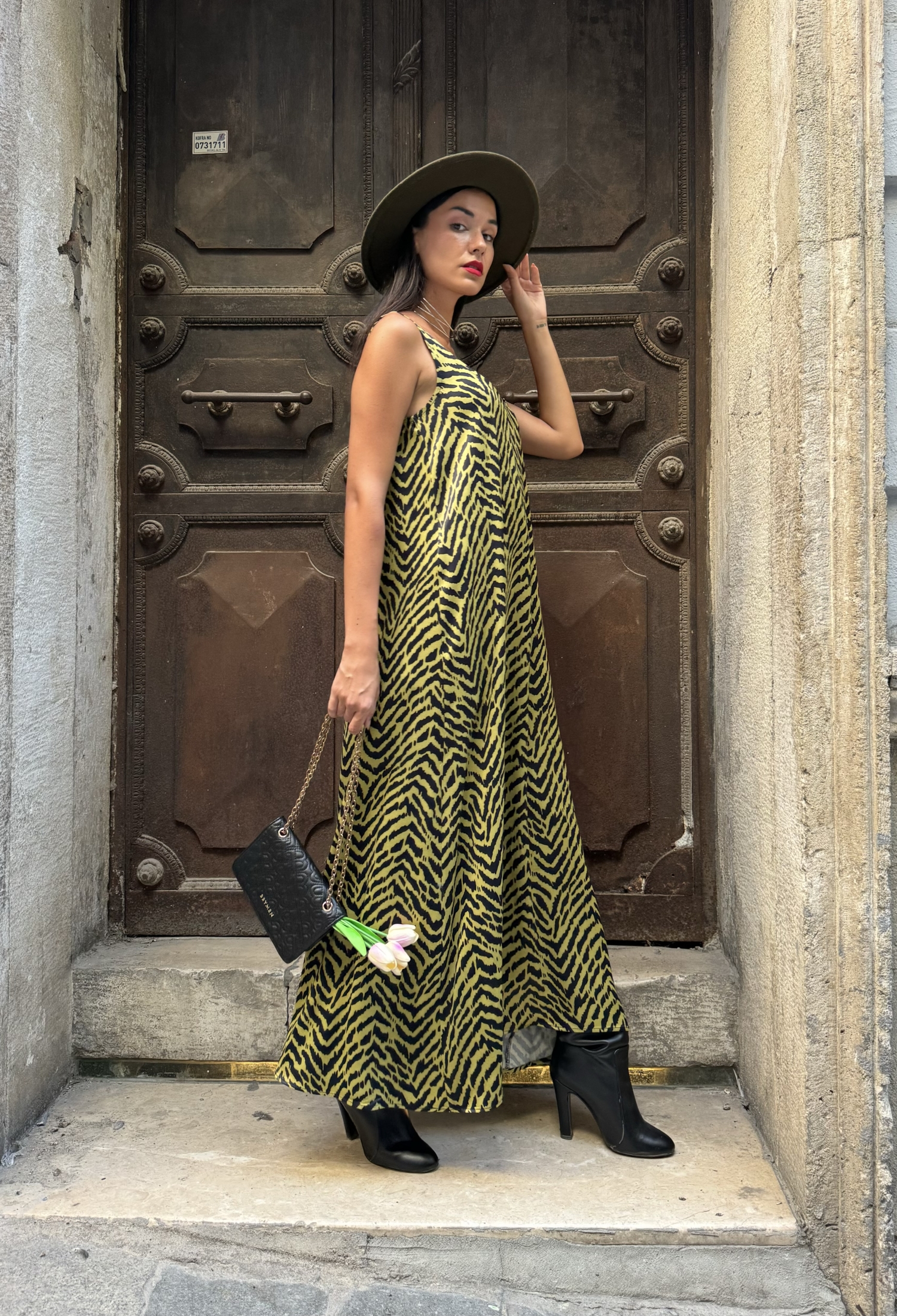 Women's Oil Green Floss Satin Printed Long Dress - Brand: First Angels - Women & Kids, Baby Clothes Wholesale - TheBS Women