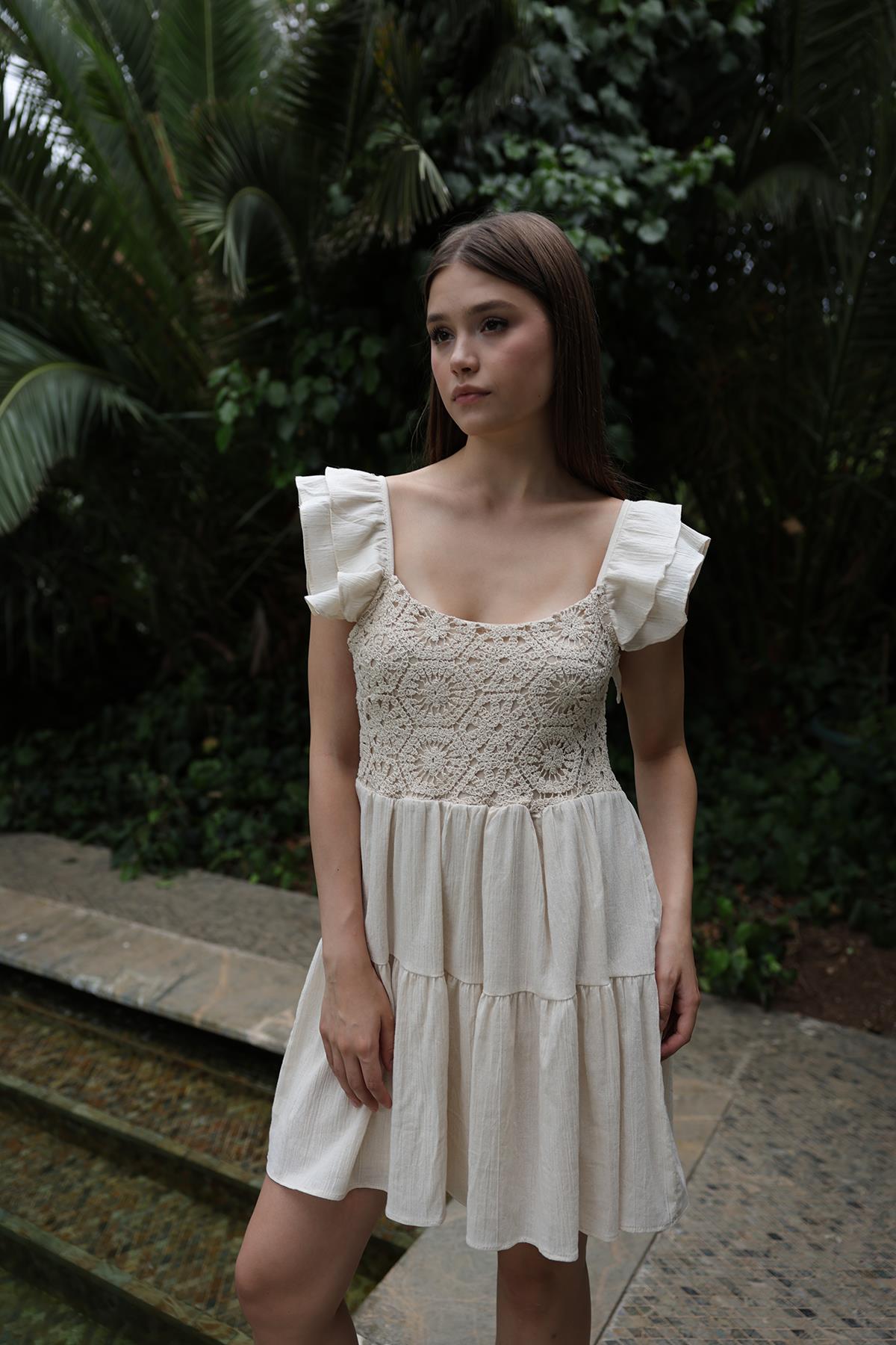 Short Kopanaki Detailed Dress – Ecru – Brand: Reyon – Women & Kids, Baby Clothes Wholesale – TheBS Women