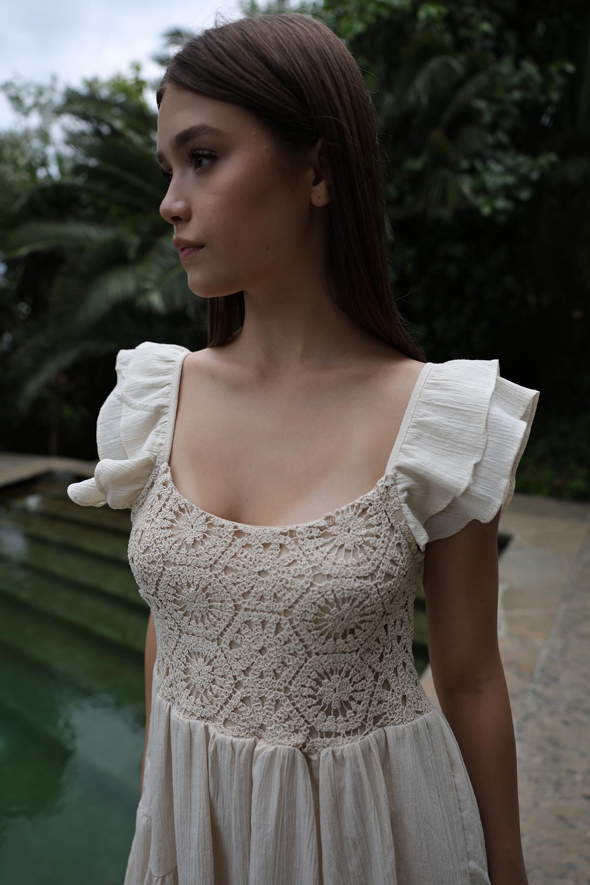 Short Kopanaki Detailed Dress – Ecru – Brand: Reyon – Women & Kids, Baby Clothes Wholesale – TheBS Women