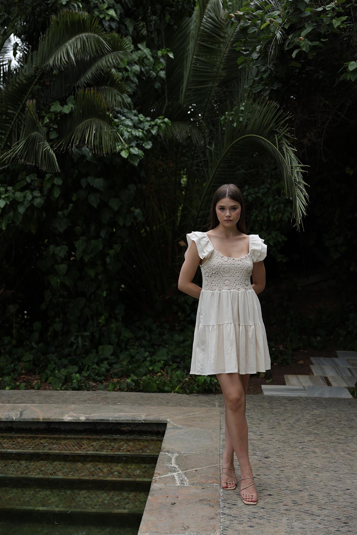 Short Kopanaki Detailed Dress – Ecru – Brand: Reyon – Women & Kids, Baby Clothes Wholesale – TheBS Women