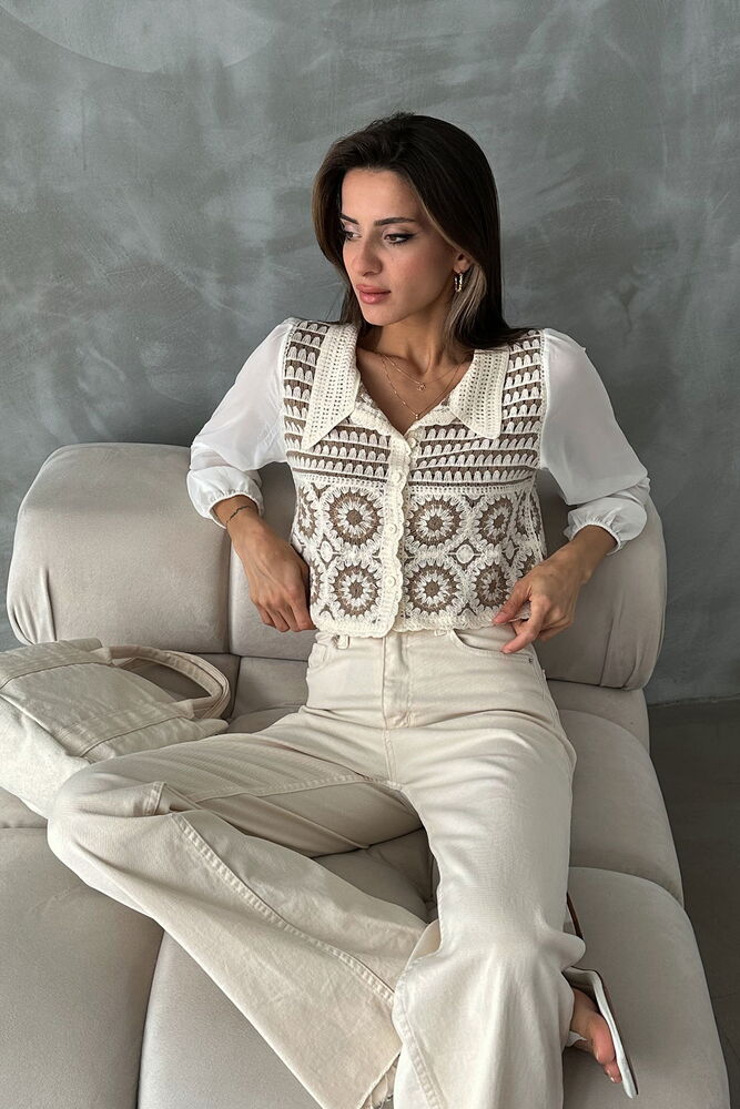 Stone Brown Floral Patterned Beaded Short Cardigan – Brand: Topshow – Women & Kids, Baby Clothes Wholesale – TheBS Women