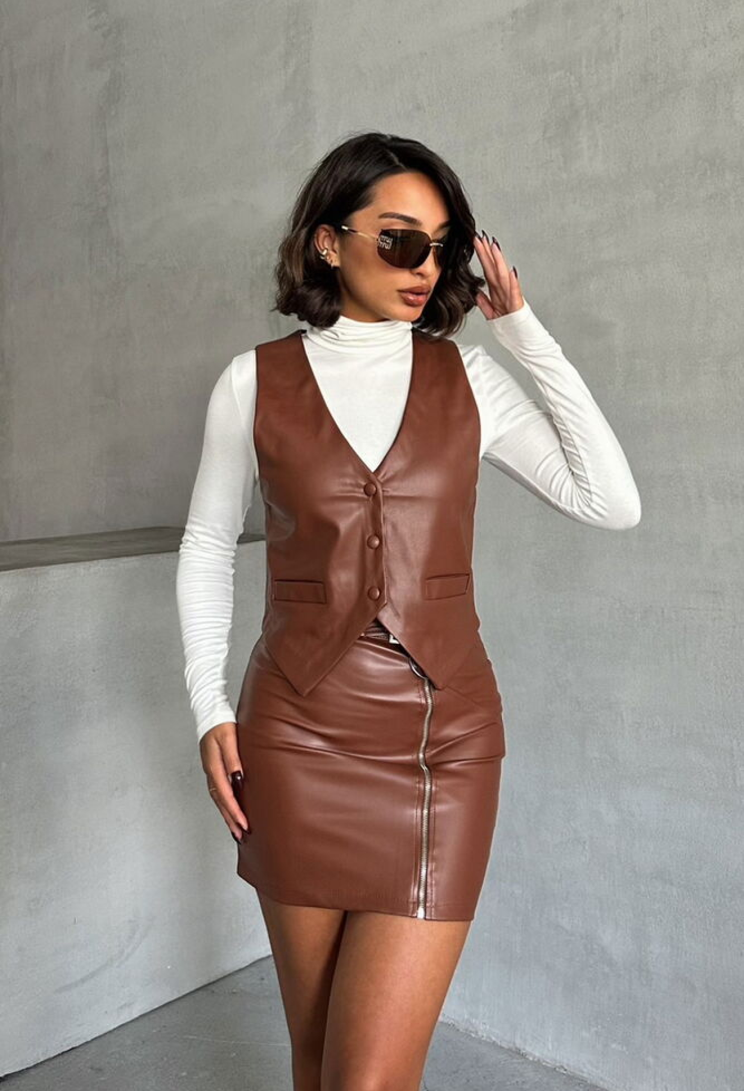 Zippered Leather Skirt - Tan - Brand: Topshow - Women & Kids, Baby Clothes Wholesale - TheBS Women