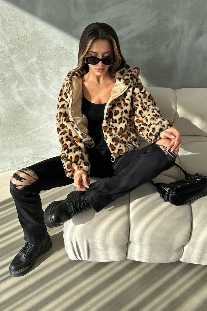 Leopard Look Plush Coat - Dark Stone & - Brand: Topshow - Women & Kids, Baby Clothes Wholesale - TheBS Women