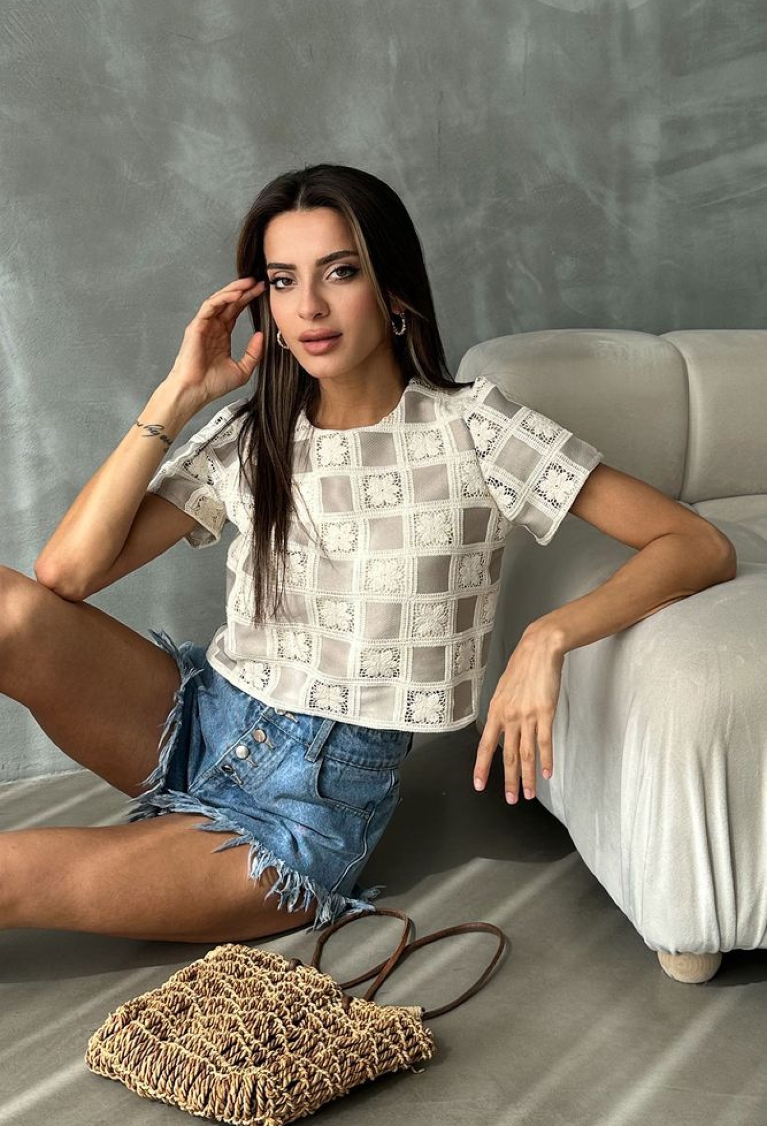 Raw Stone Short Sleeve Checker Pattern Crochet Blouse - Brand: Topshow - Women & Kids, Baby Clothes Wholesale - TheBS Women