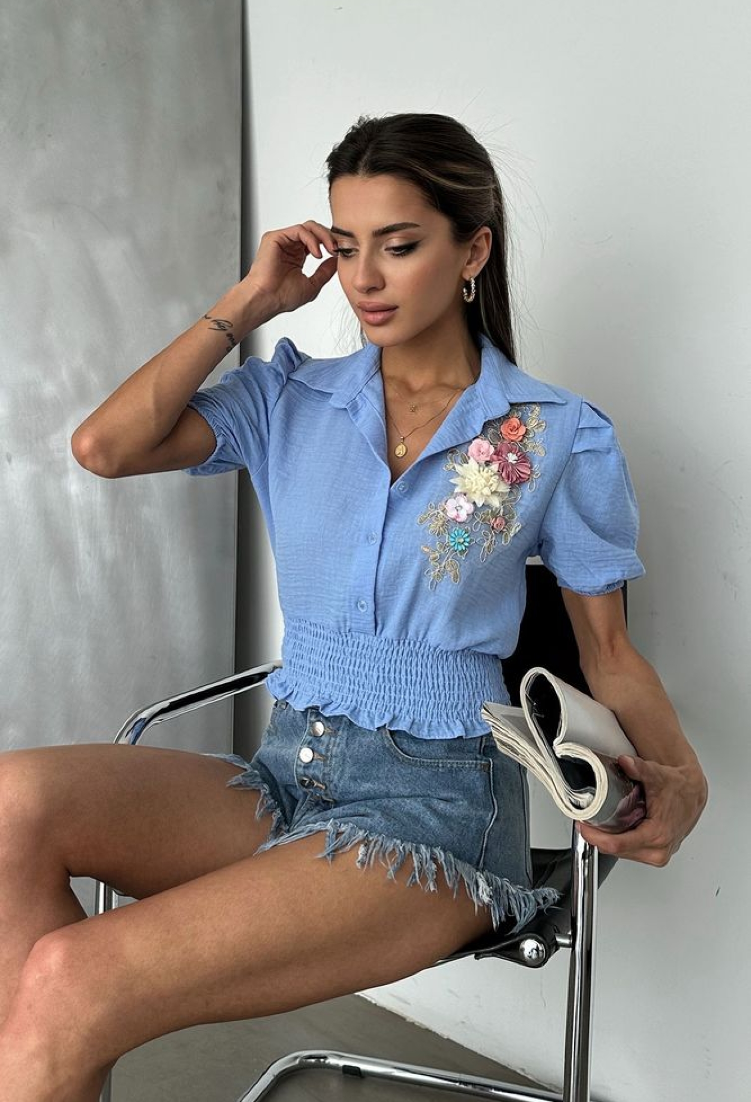 D 2651 Linen Shirt With Flowers On The Chest - Brand: Topshow - Women & Kids, Baby Clothes Wholesale - TheBS Women