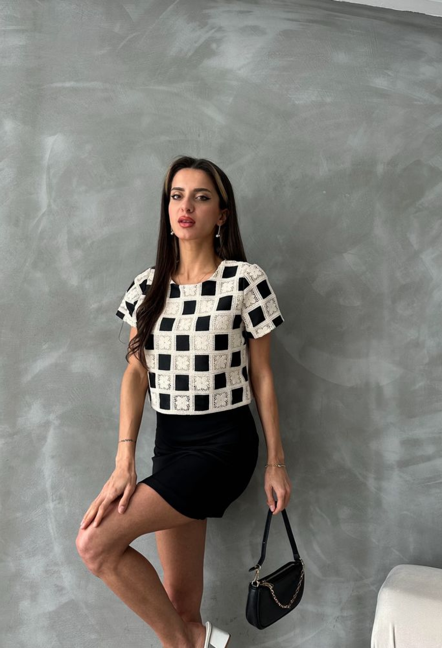 Short Sleeve Checkerboard Pattern Blouse -& White - Brand: Topshow - Women & Kids, Baby Clothes Wholesale - TheBS Women