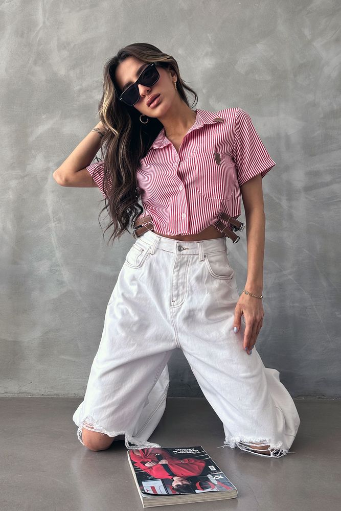 Striped D 2646 Belt Detailed Striped Shirt - Brand: Topshow - Women & Kids, Baby Clothes Wholesale - TheBS Women