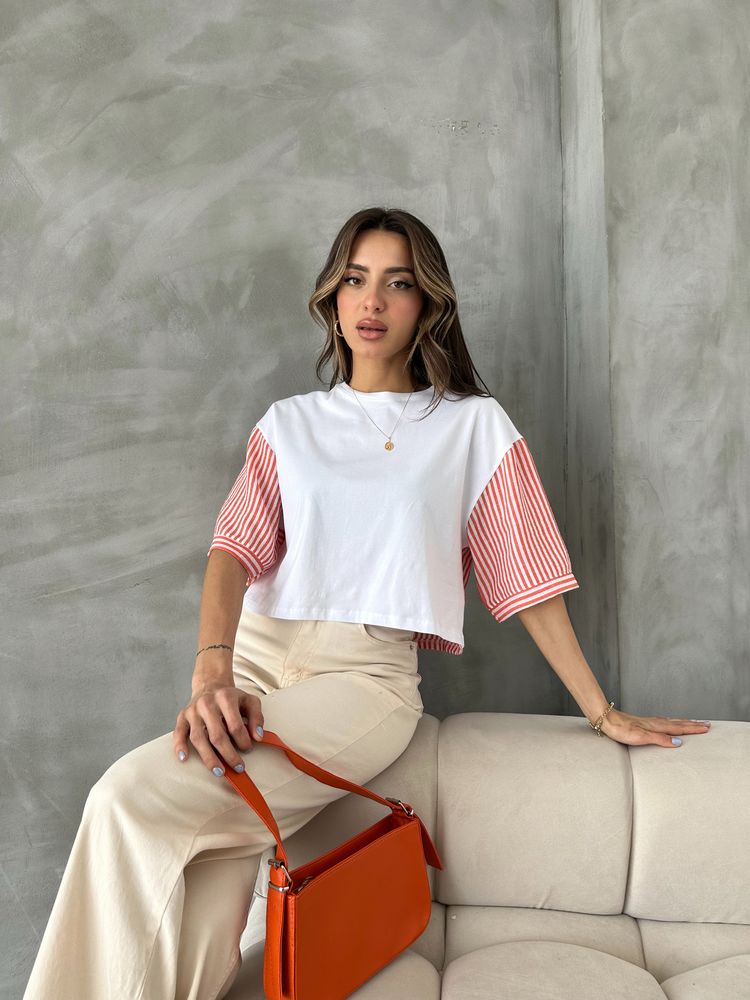 Orange Striped Poplin Sleeve T-shirt – Brand: Topshow – Women & Kids, Baby Clothes Wholesale – TheBS Women