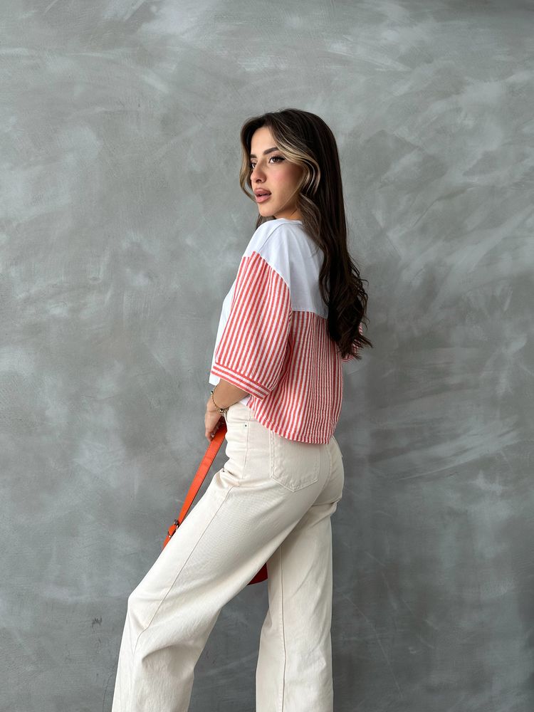 Orange Striped Poplin Sleeve T-shirt – Brand: Topshow – Women & Kids, Baby Clothes Wholesale – TheBS Women