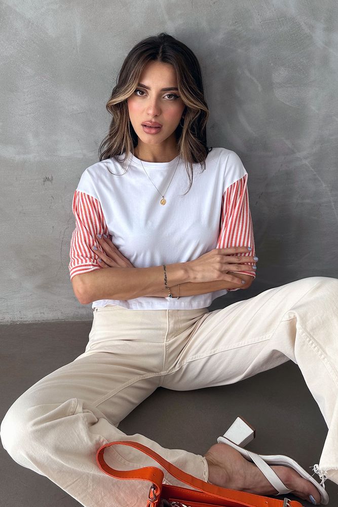 Orange Striped Poplin Sleeve T-shirt – Brand: Topshow – Women & Kids, Baby Clothes Wholesale – TheBS Women