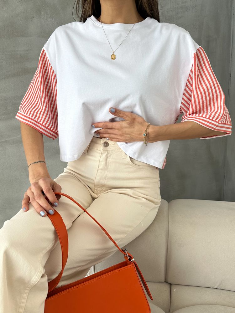 Orange Striped Poplin Sleeve T-shirt – Brand: Topshow – Women & Kids, Baby Clothes Wholesale – TheBS Women