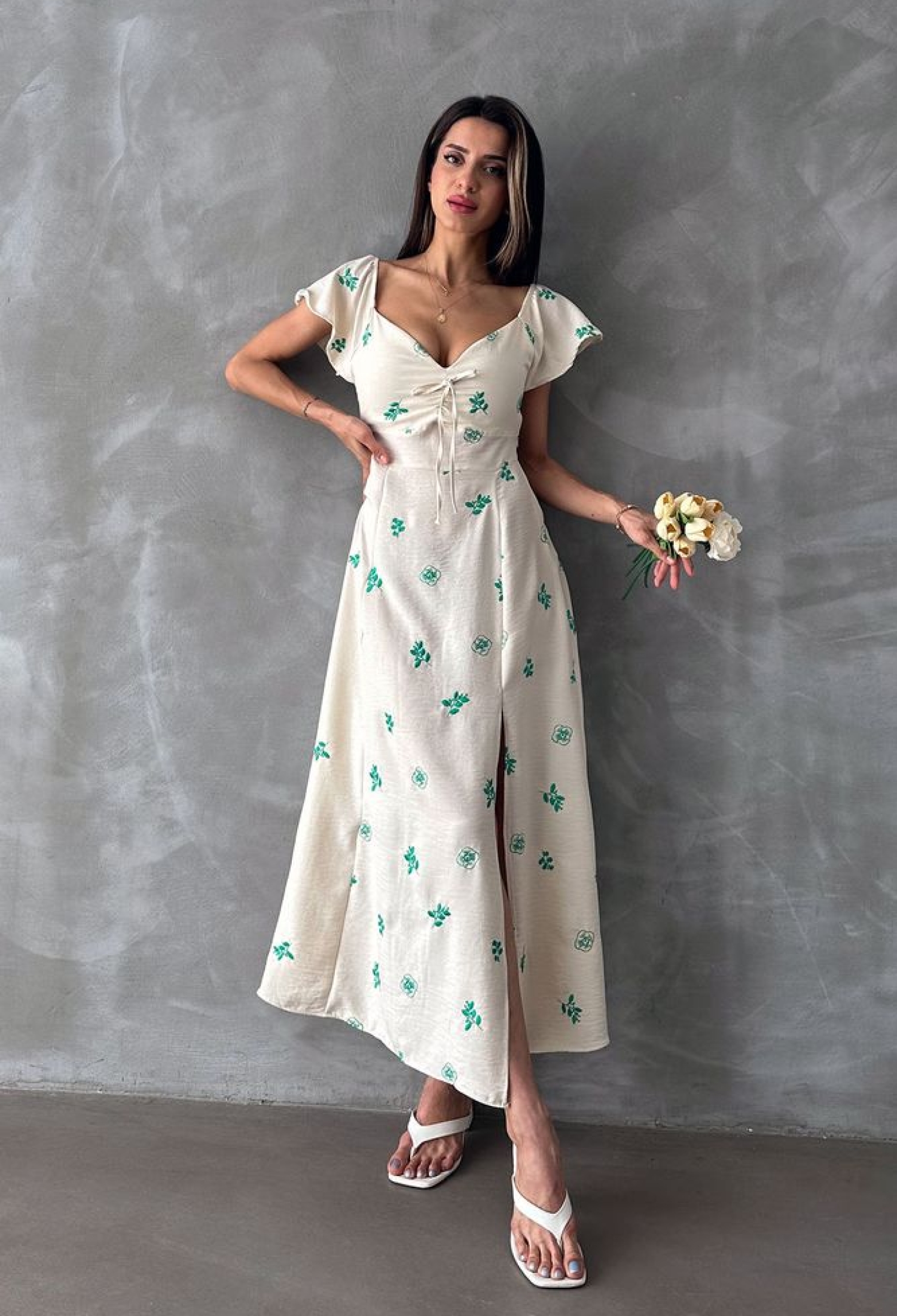 Ruffled Sleeve Tie Dress - Ecru & - Brand: Topshow - Women & Kids, Baby Clothes Wholesale - TheBS Women