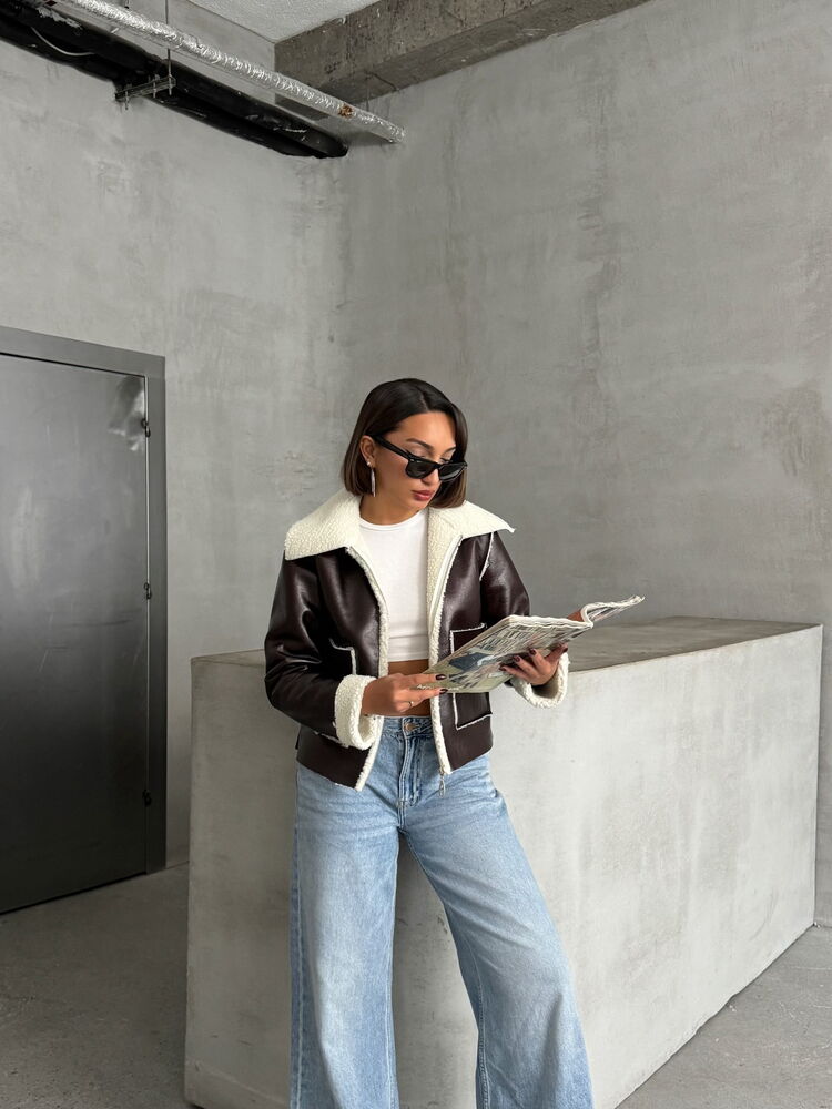 CoffeeLaminated Leather Zippered Coat – Brand: Topshow – Women & Kids, Baby Clothes Wholesale – TheBS Women