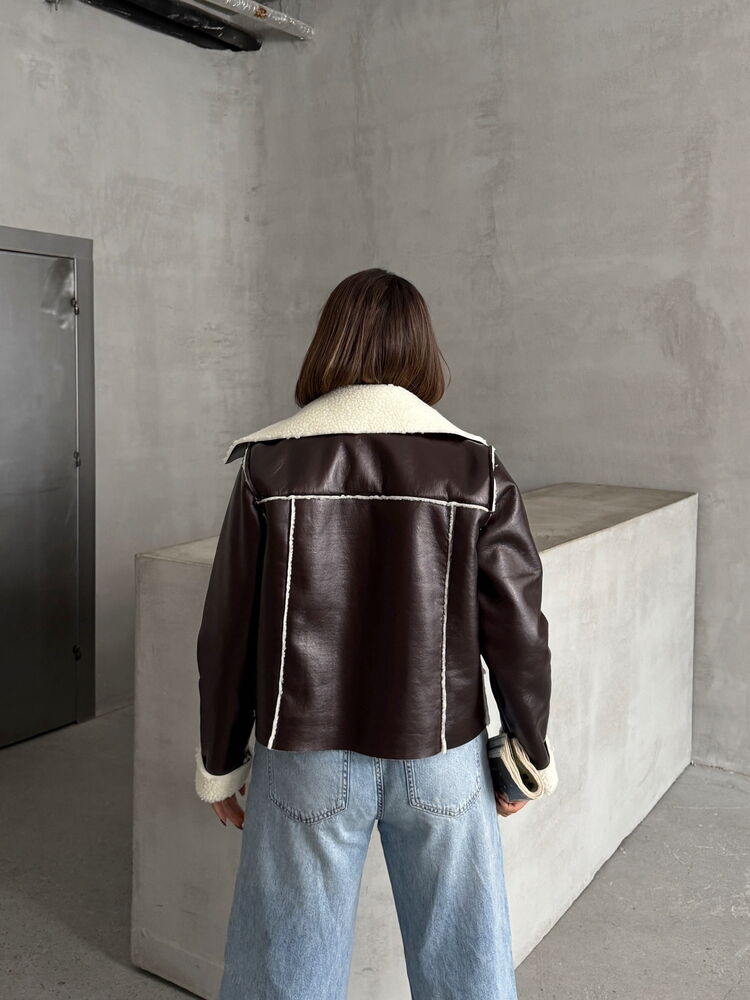 CoffeeLaminated Leather Zippered Coat – Brand: Topshow – Women & Kids, Baby Clothes Wholesale – TheBS Women