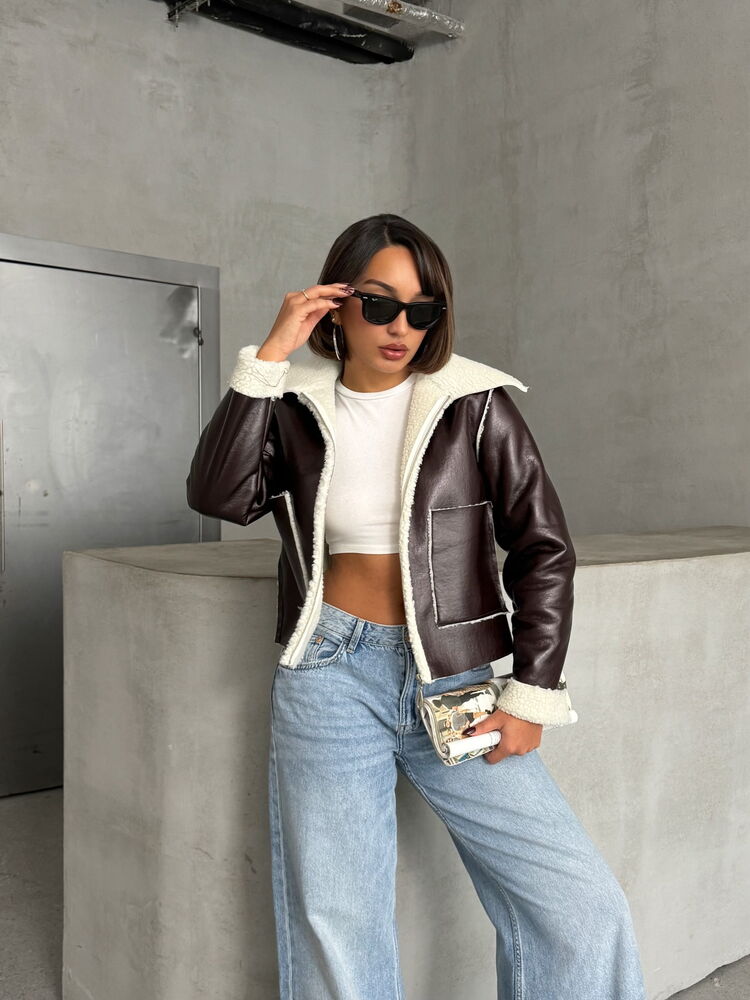 CoffeeLaminated Leather Zippered Coat – Brand: Topshow – Women & Kids, Baby Clothes Wholesale – TheBS Women