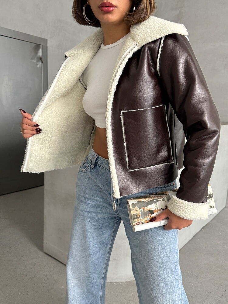 CoffeeLaminated Leather Zippered Coat – Brand: Topshow – Women & Kids, Baby Clothes Wholesale – TheBS Women