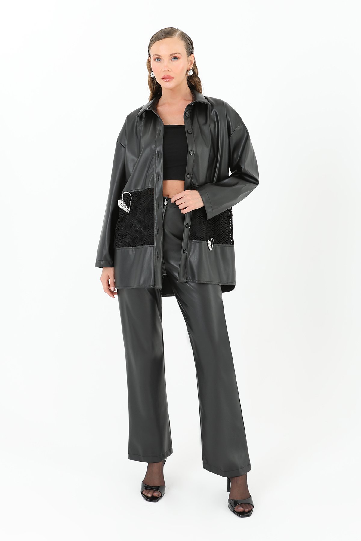 Women's Mesh Detailed Leather Shirt - Brand: SOUL - Women & Kids, Baby Clothes Wholesale - TheBS Women Women's Mesh Detailed Leather Shirt - Brand: SOUL - Women & Kids, Baby Clothes Wholesale - TheBS Women