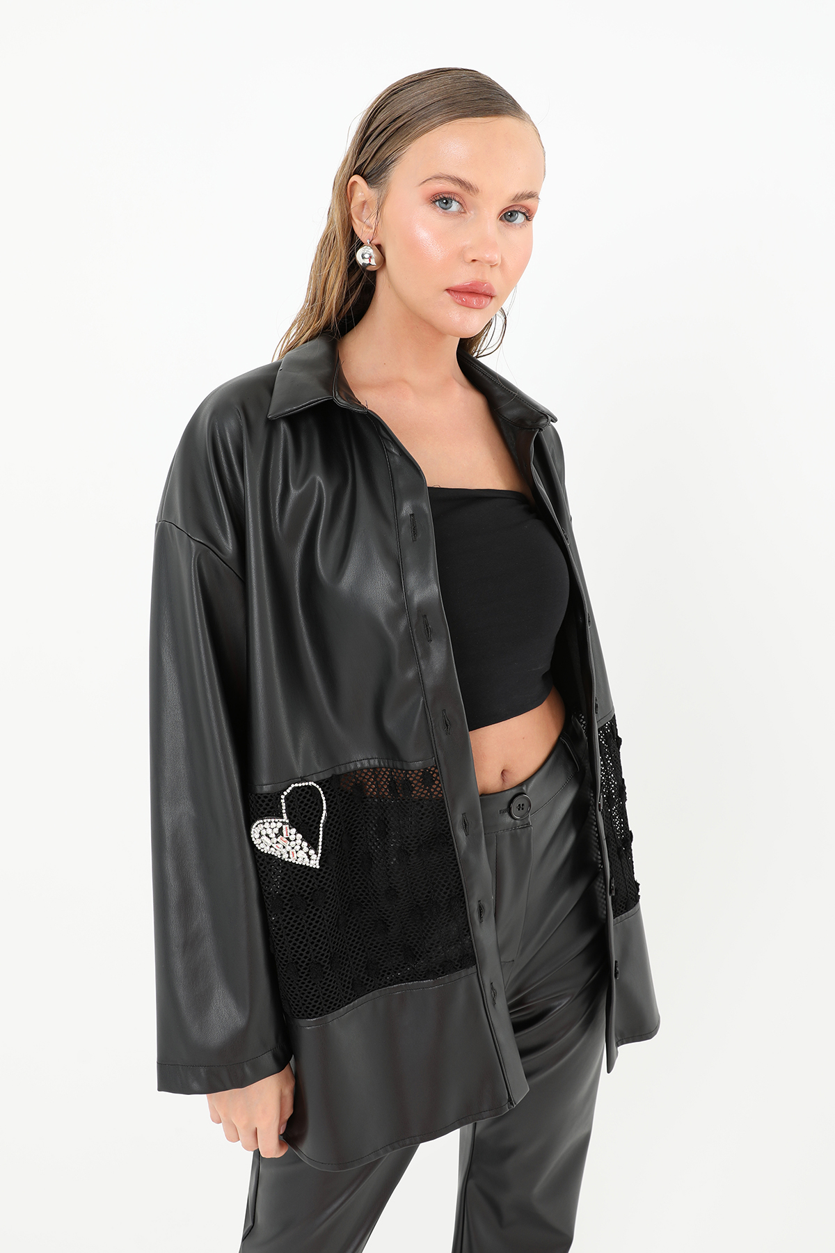 Women's Mesh Detailed Leather Shirt - Brand: SOUL - Women & Kids, Baby Clothes Wholesale - TheBS Women Women's Mesh Detailed Leather Shirt - Brand: SOUL - Women & Kids, Baby Clothes Wholesale - TheBS Women