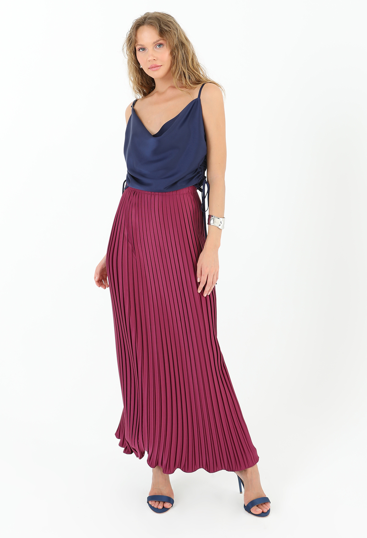 Pleated Long Satin Skirt - Plum - Brand: SOUL - Women & Kids, Baby Clothes Wholesale - TheBS Women