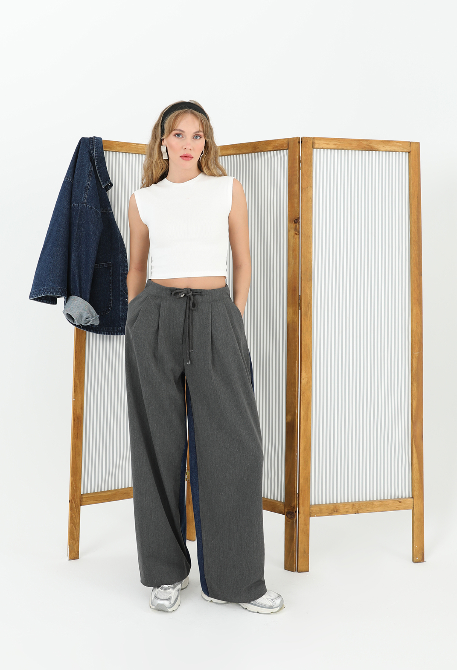 Wide Leg Trousers With Denim Back And Knitwear Front - Anthracite & Blue - Brand: SOUL - Women & Kids, Baby Clothes Wholesale - TheBS Women