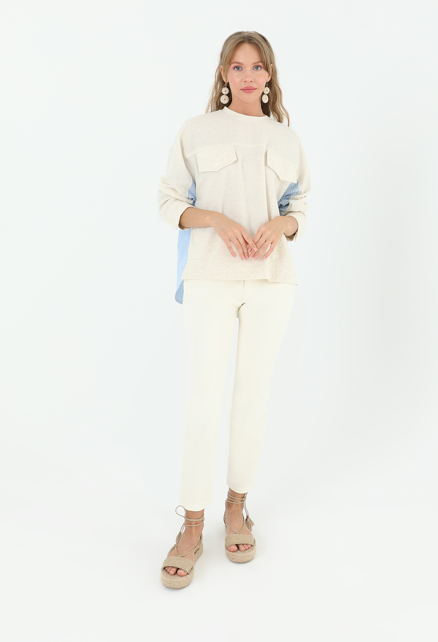 Front Pocket Back Poplin Blouse - Beige & Blue - Brand: SOUL - Women & Kids, Baby Clothes Wholesale - TheBS Women