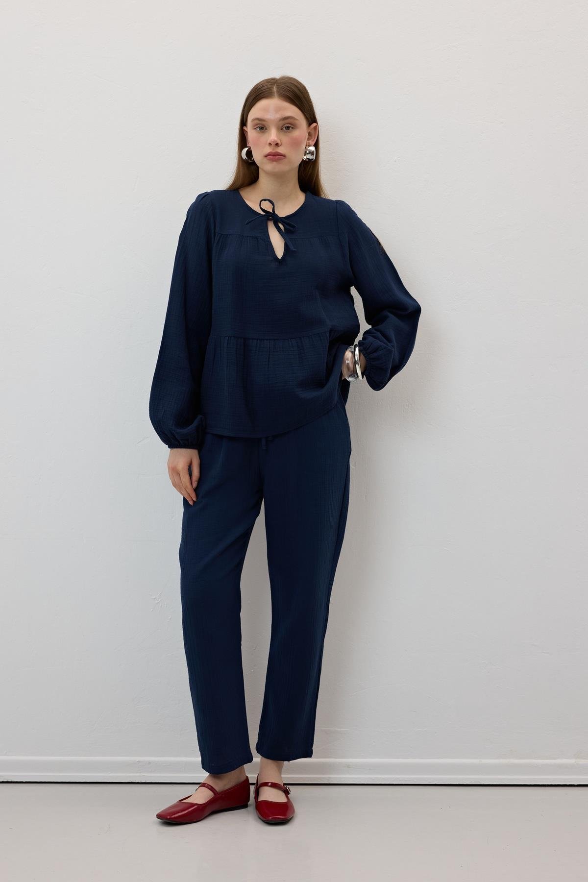 Mueslin Salaş Elastic Waist Women's Pants Navy - Brand: Levure - Women & Kids, Baby Clothes Wholesale - TheBS Women Mueslin Salaş Elastic Waist Women's Pants Navy - Brand: Levure - Women & Kids, Baby Clothes Wholesale - TheBS Women