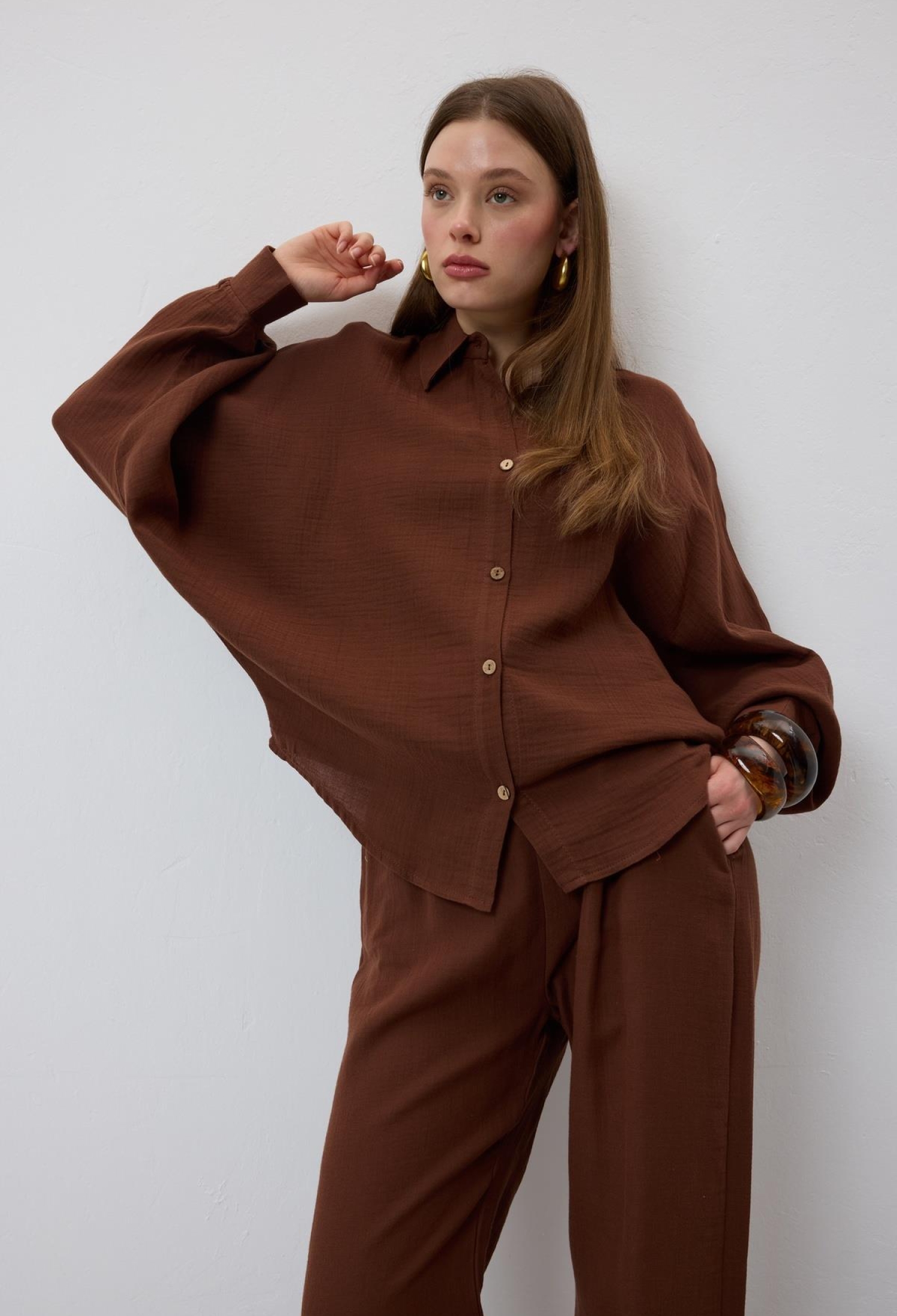 Buttoned Bat Sleeve Oversize Shirt - Brown - Brand: Levure - Women & Kids, Baby Clothes Wholesale - TheBS Women
