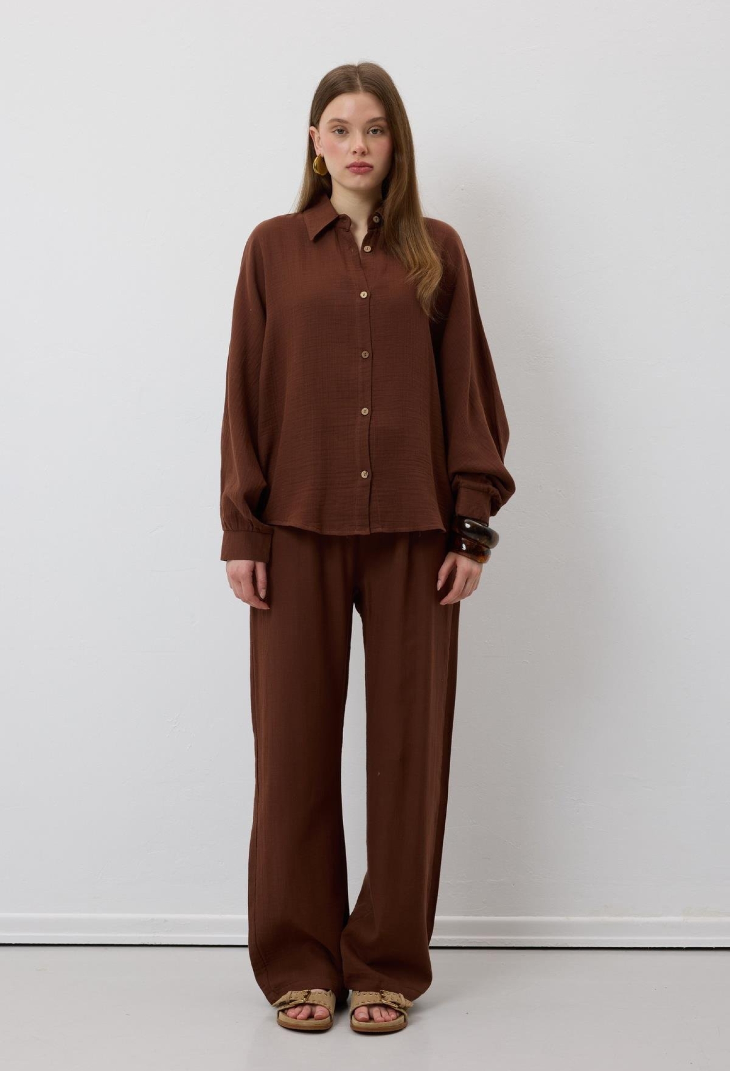 Buttoned Bat Sleeve Oversize Shirt - Brown - Brand: Levure - Women & Kids, Baby Clothes Wholesale - TheBS Women