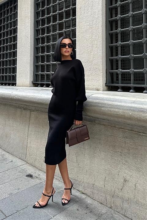Backless Balloon Sleeve Midi Knit Dress – Black – Brand: Sobe Istanbul – Women & Kids, Baby Clothes Wholesale – TheBS Women