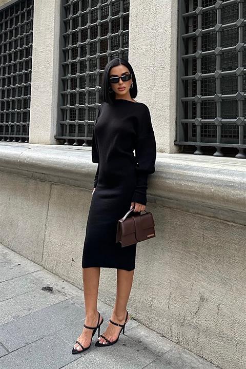 Backless Balloon Sleeve Midi Knit Dress – Black – Brand: Sobe Istanbul – Women & Kids, Baby Clothes Wholesale – TheBS Women