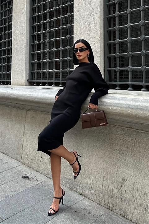 Backless Balloon Sleeve Midi Knit Dress – Black – Brand: Sobe Istanbul – Women & Kids, Baby Clothes Wholesale – TheBS Women