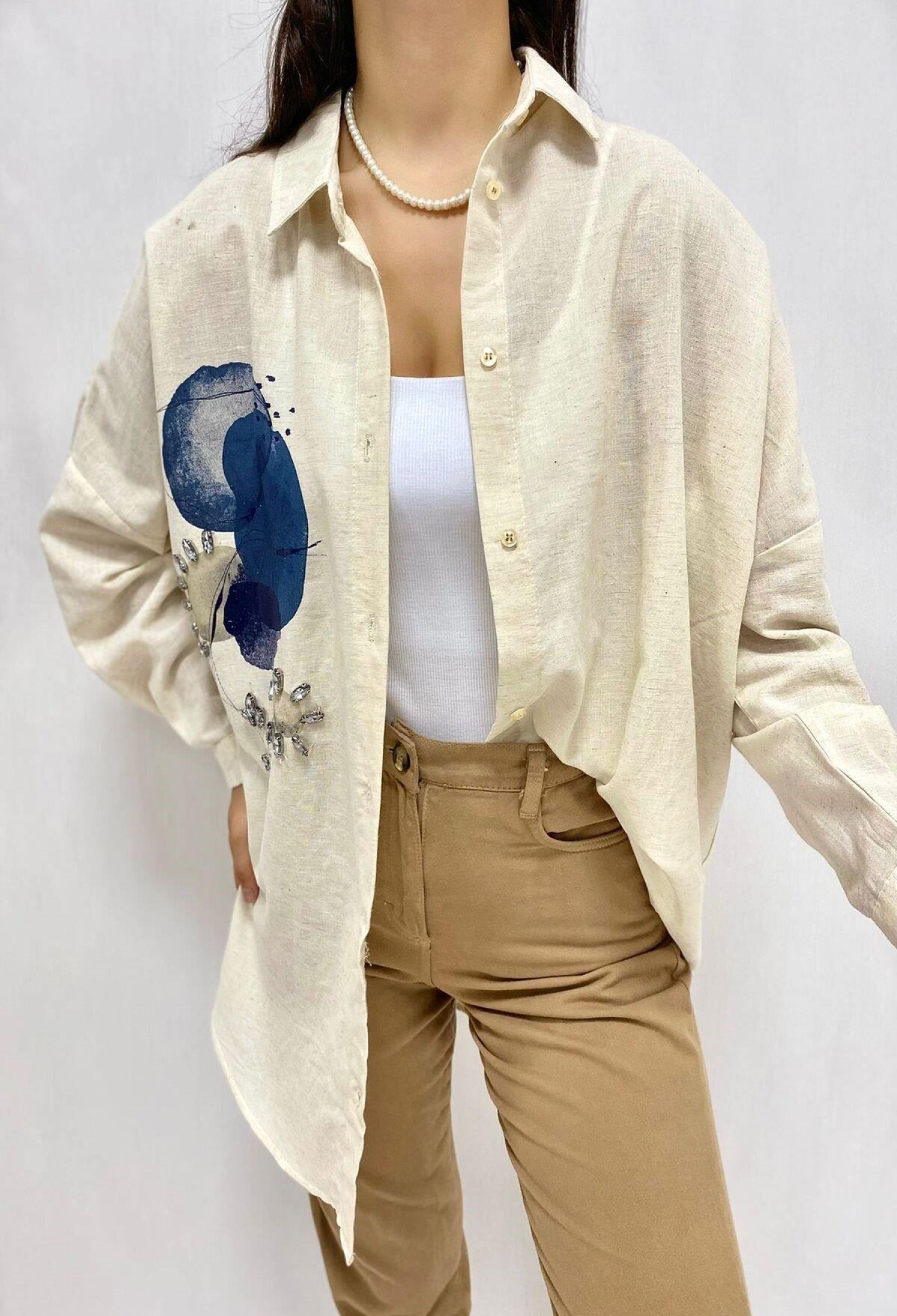 Stone Embroidered Linen Shirt - Beige - Brand: Elisa - Women & Kids, Baby Clothes Wholesale - TheBS Women