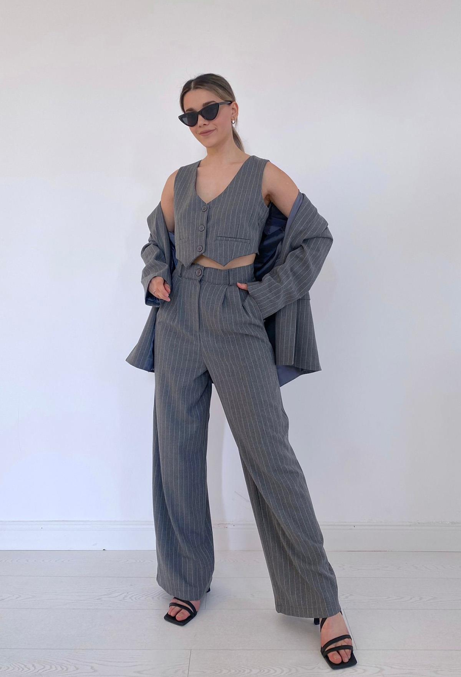 Striped Jacket & Vest & Trouser Suit - Gray - Brand: Elisa - Women & Kids, Baby Clothes Wholesale - TheBS Women