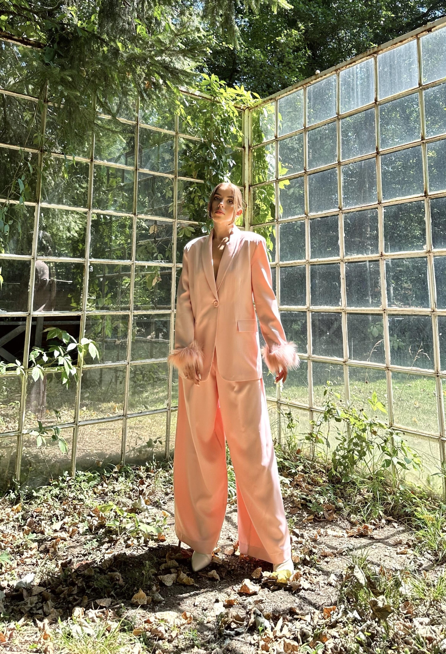 Feathered Sleeves Jacket & Trouser Suit - Powder - Brand: Elisa - Women & Kids, Baby Clothes Wholesale - TheBS Women