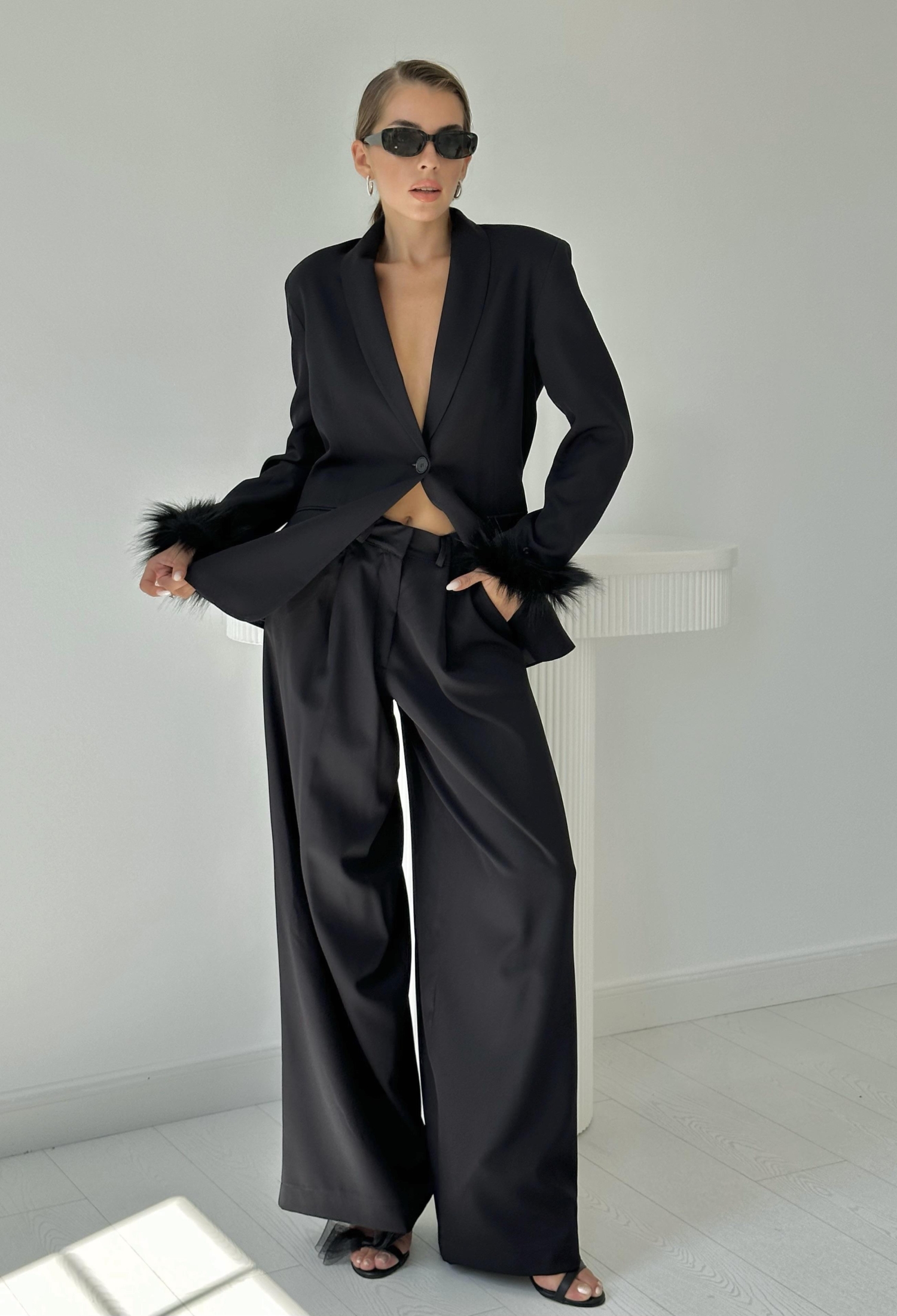 Feathered Sleeves Jacket & Trousers Set - Brand: Elisa - Women & Kids, Baby Clothes Wholesale - TheBS Women