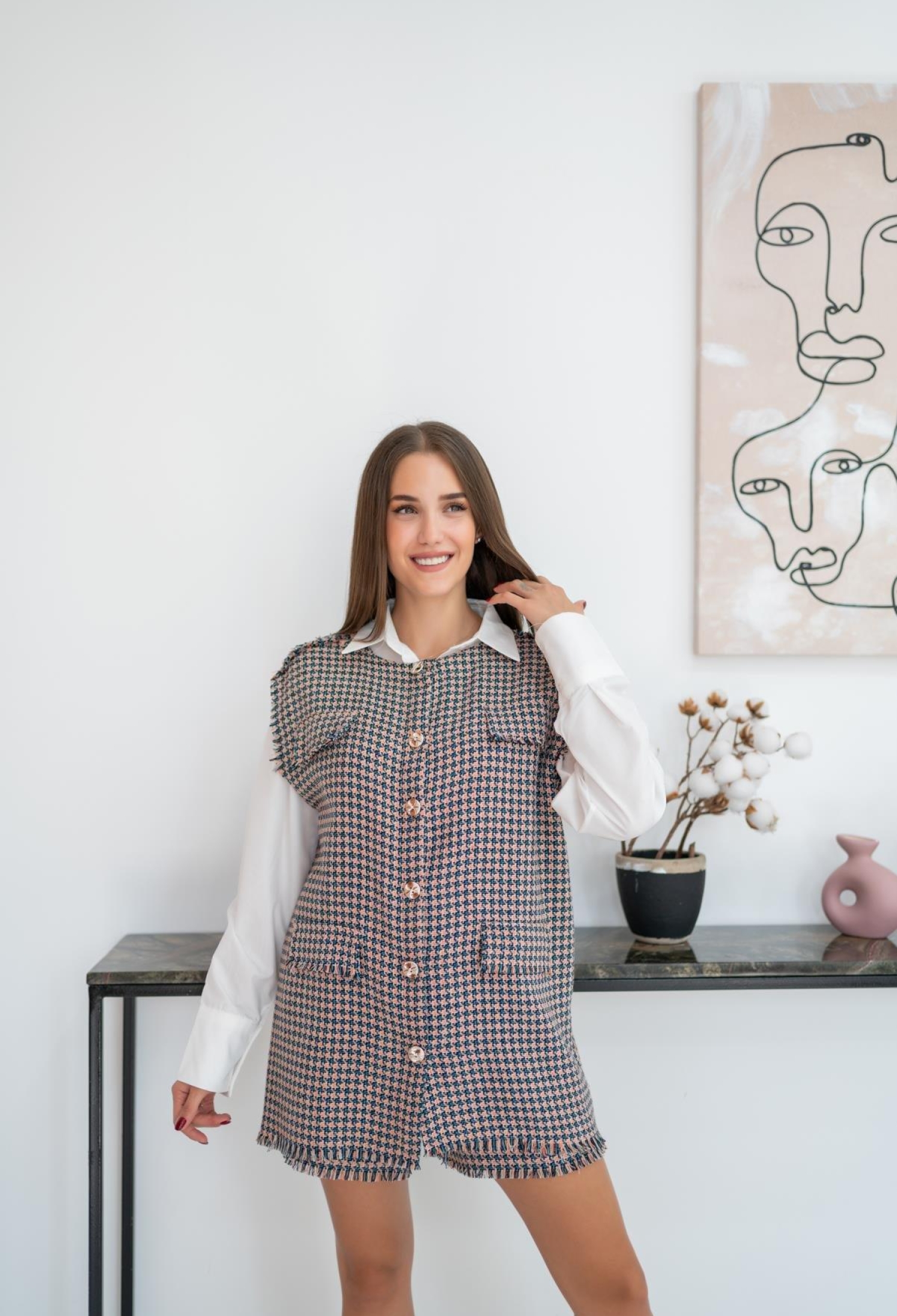 Houndstooth Patterned Vest And Shorts Set - Brand: Elisa - Women & Kids, Baby Clothes Wholesale - TheBS Women