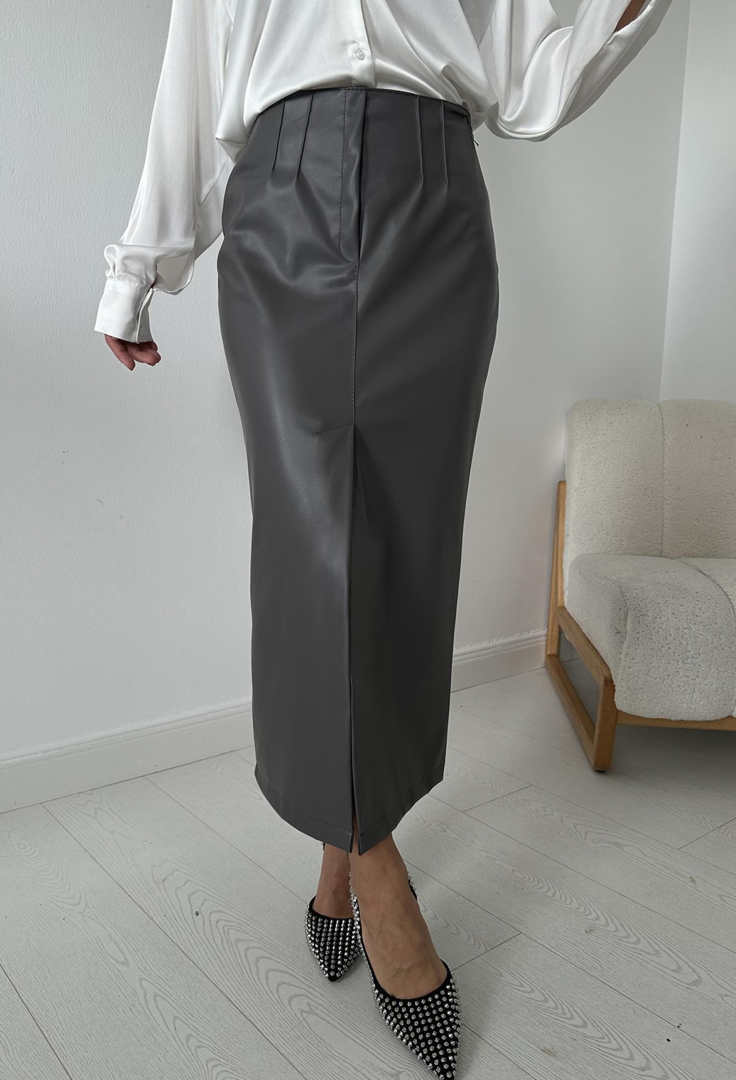 Slit Ornamental Placket Skirt - Gray - Brand: Elisa - Women & Kids, Baby Clothes Wholesale - TheBS Women