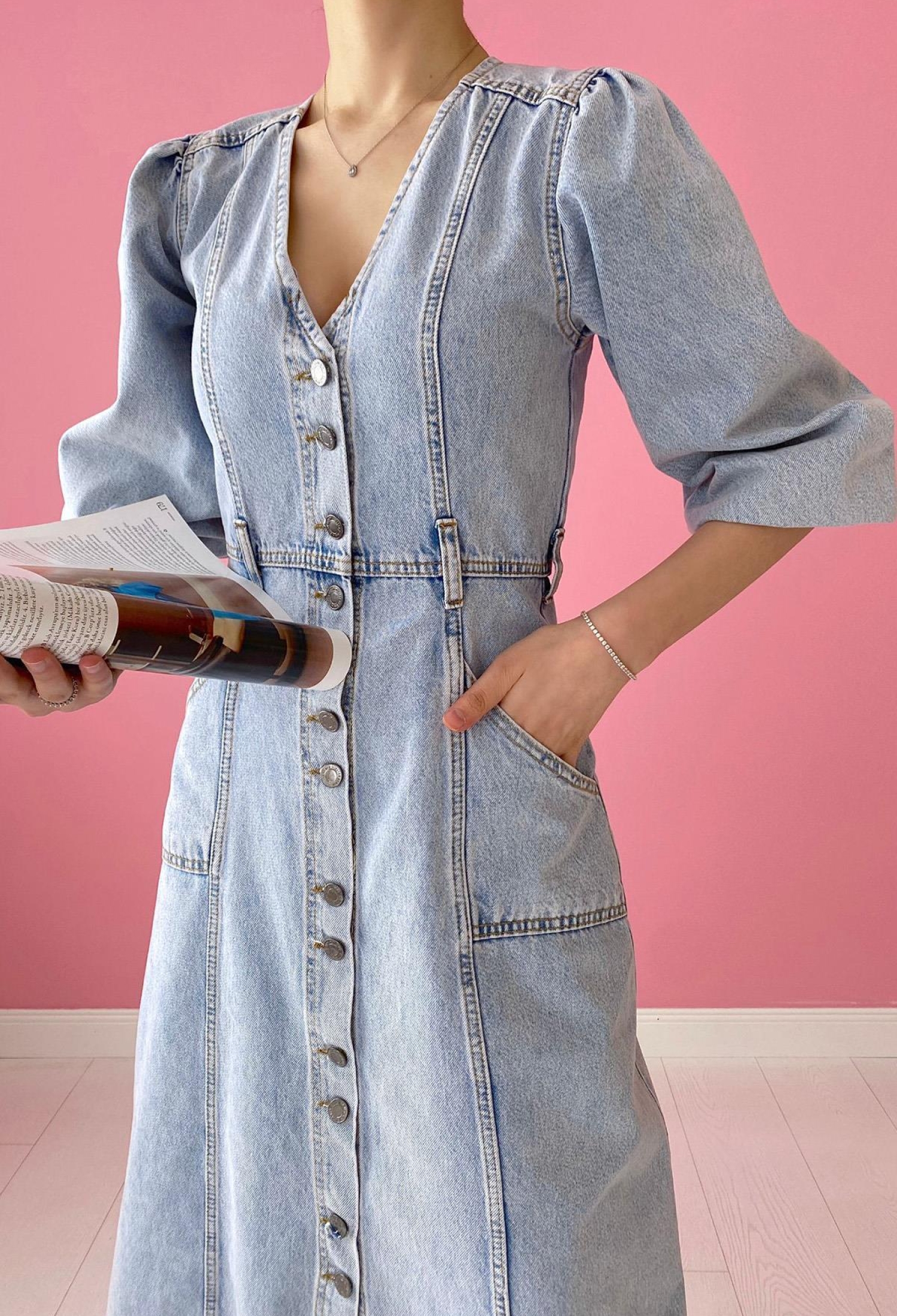 Balloon Sleeve Denim Dress - Snow Wash - Brand: Elisa - Women & Kids, Baby Clothes Wholesale - TheBS Women