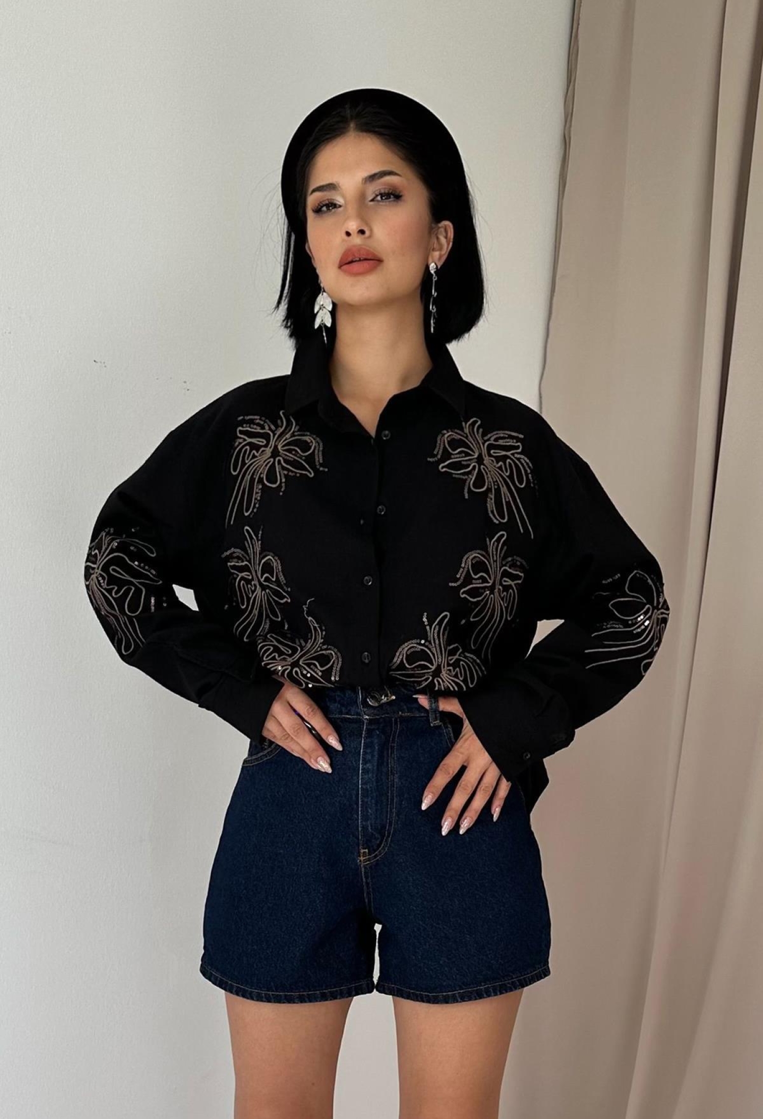 Flared Linen Embroidered Sequin Shirt - Brand: Elisa - Women & Kids, Baby Clothes Wholesale - TheBS Women