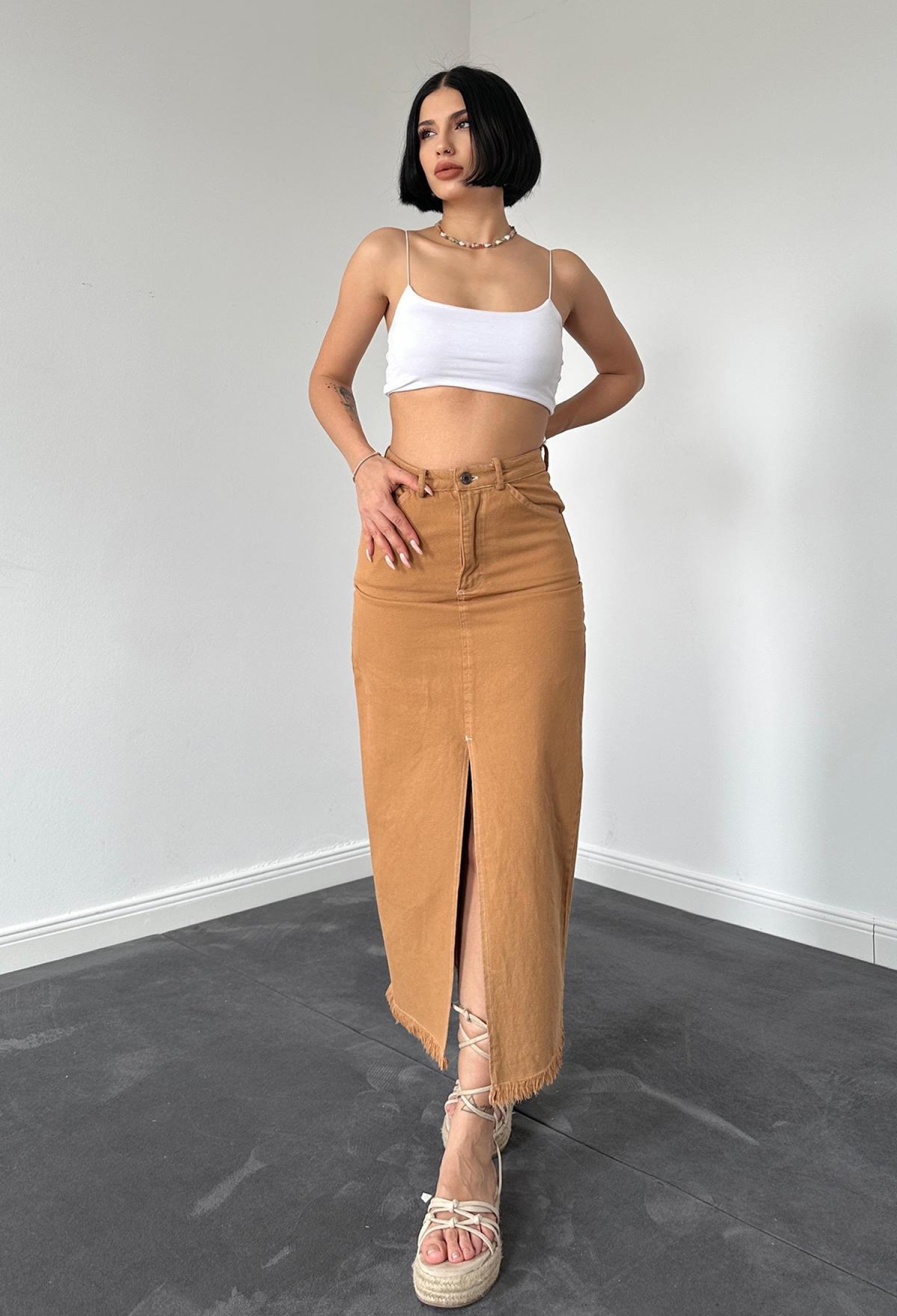 Gabardine Dyed Tassel Skirt - Camel - Brand: Elisa - Women & Kids, Baby Clothes Wholesale - TheBS Women